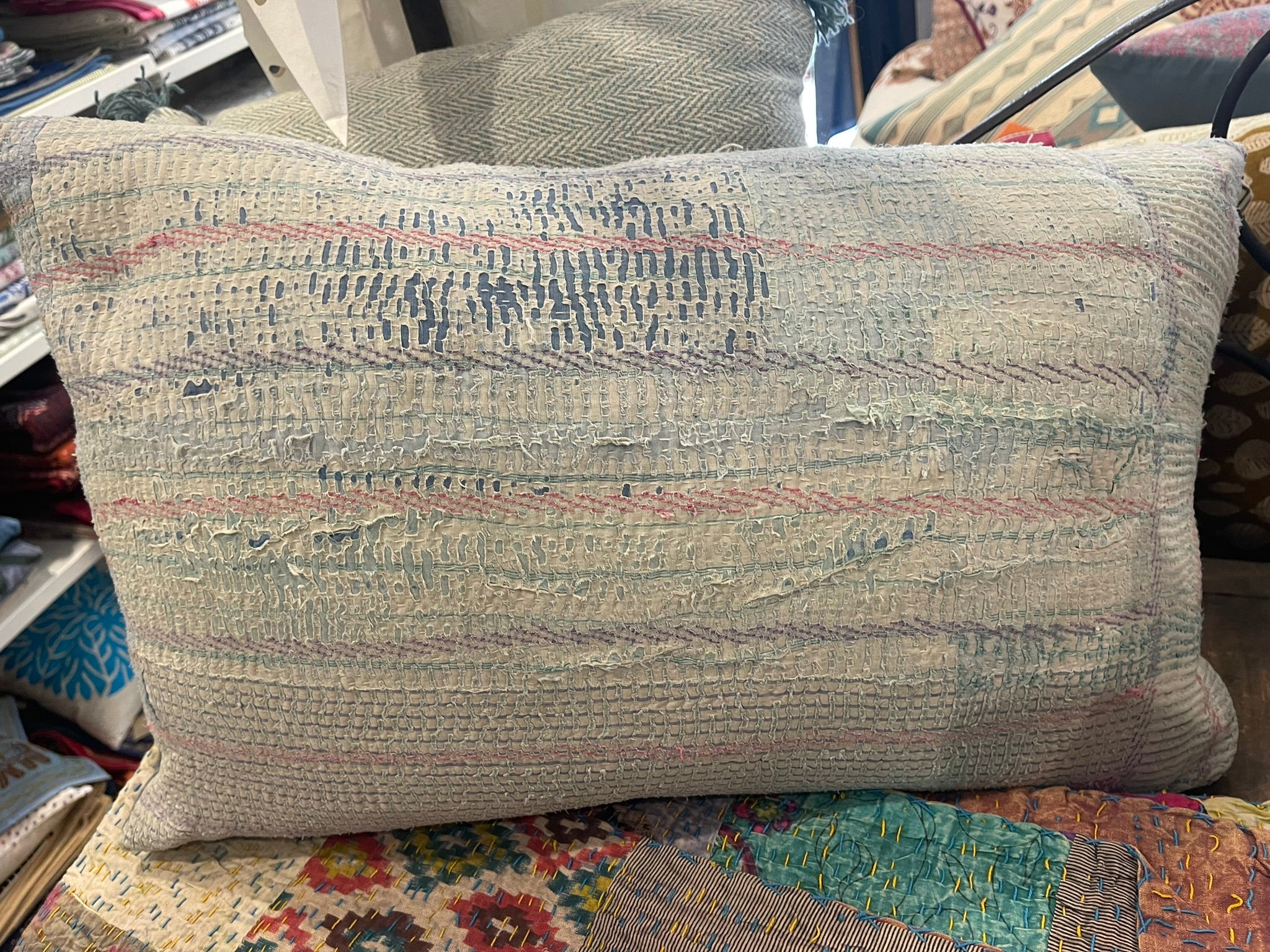 Rectangular Vintage Kantha Cushion - Blue Stripe 5