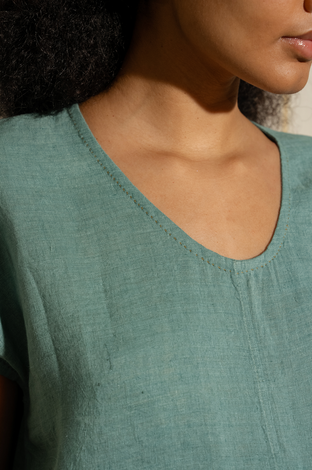 RATI LINEN DRESS - Mineral Green Pintuck