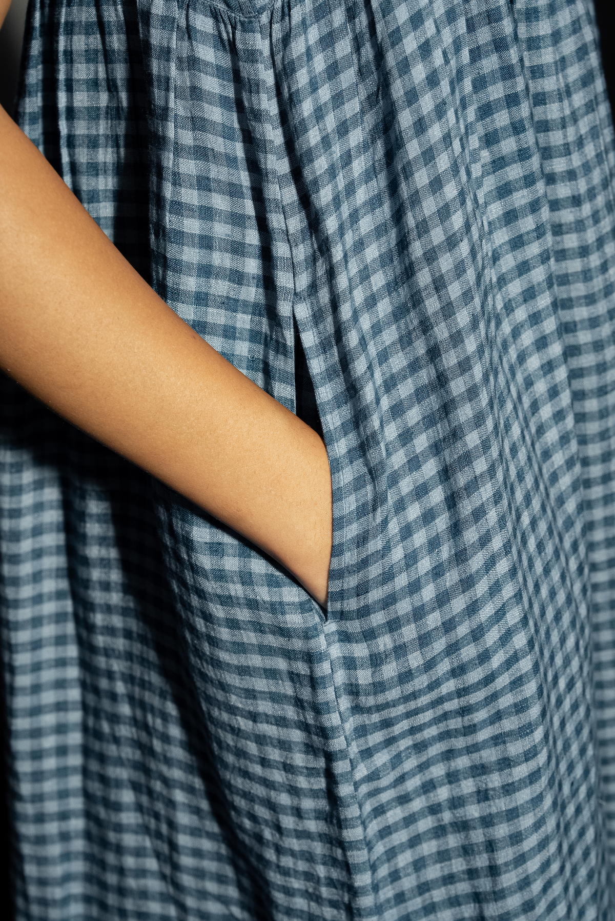 DITI LINEN SLIP DRESS - Ash Blue Check