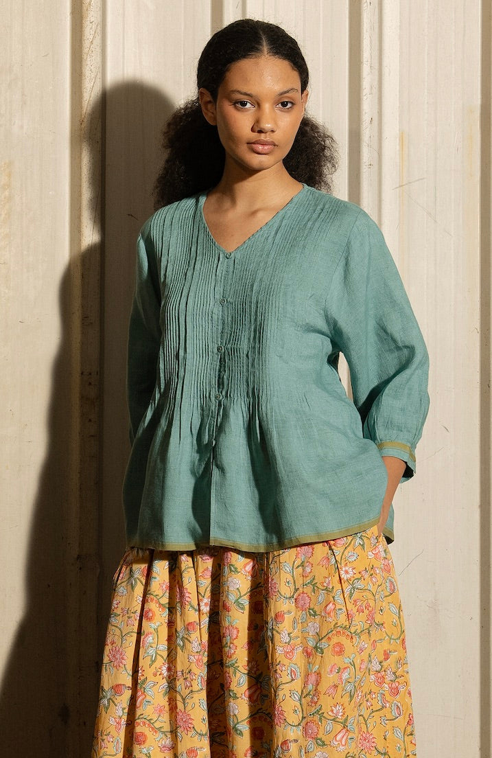 SOMA LINEN PINTUCK TOP - Mineral Green