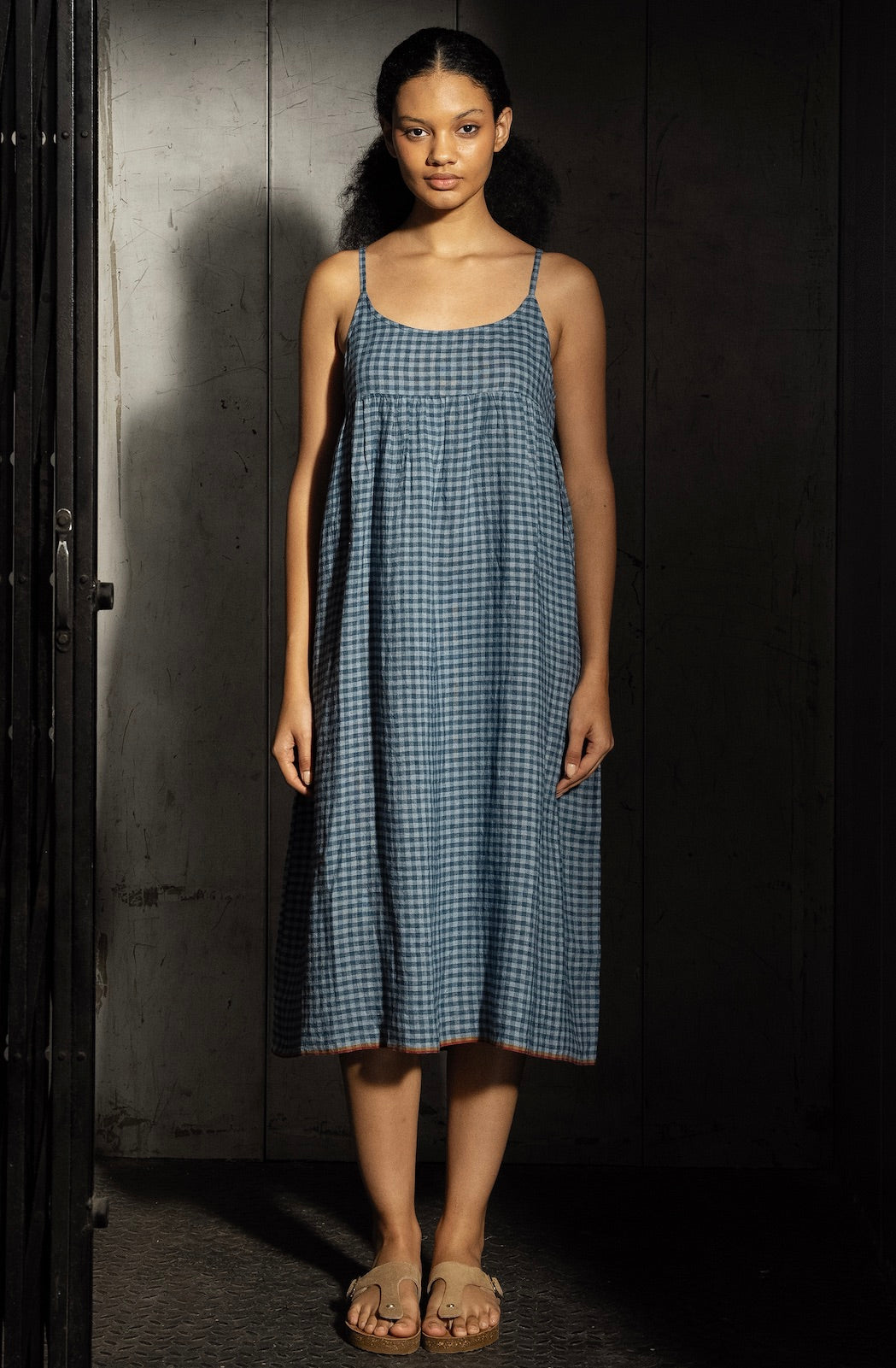 DITI LINEN SLIP DRESS - Ash Blue Check