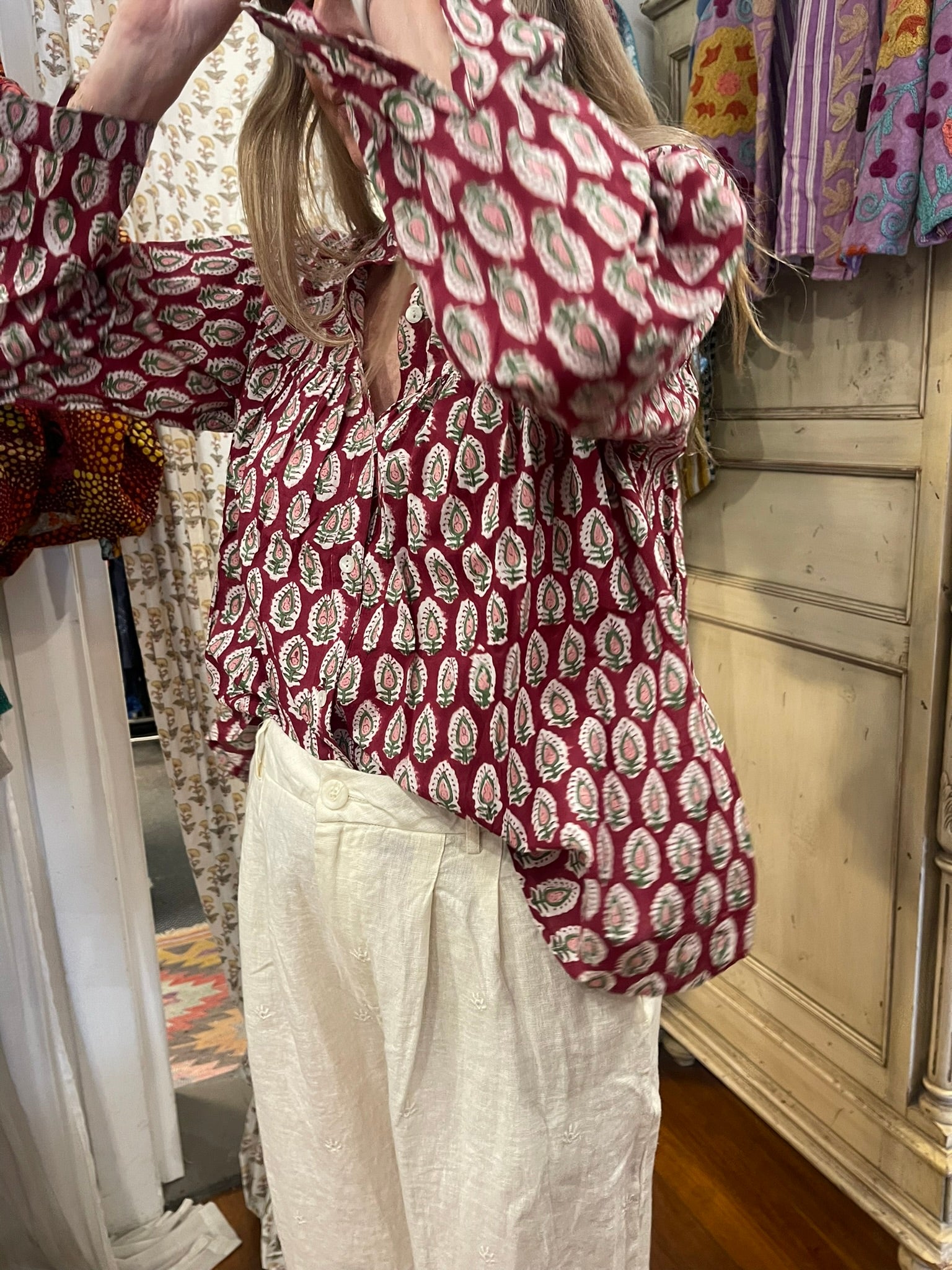 Handblock Printed Blouse - CRIMSON MEADOW