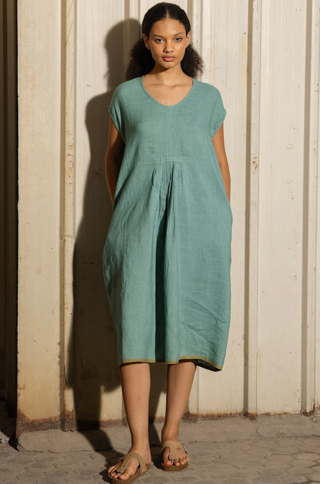 RATI LINEN DRESS - Mineral Green Pintuck
