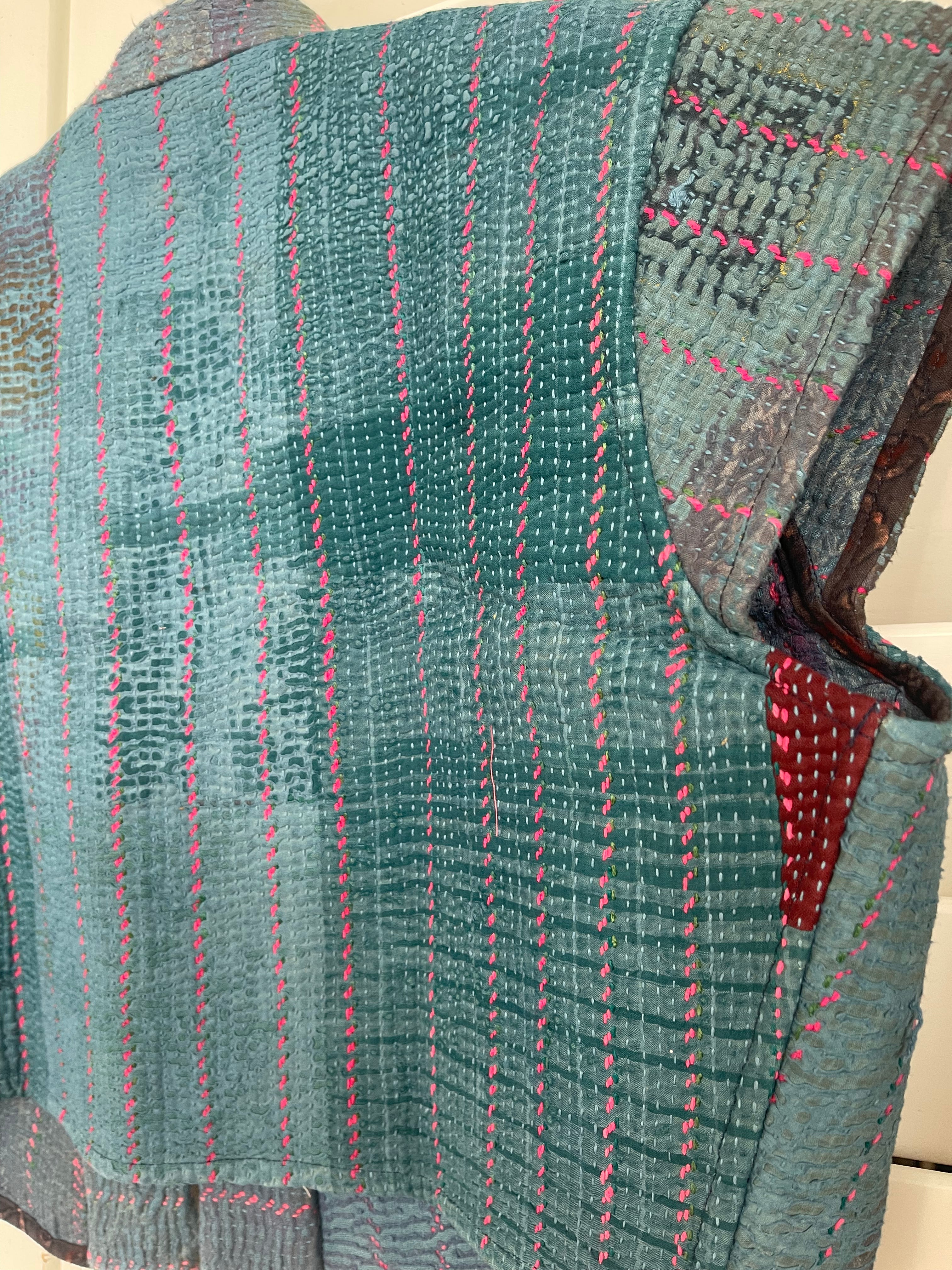 Capped Sleeve Top - Sea Blue Kantha