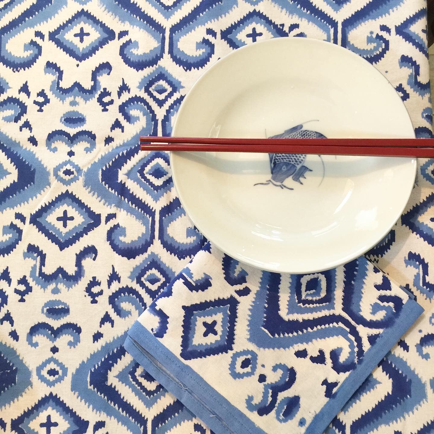 Handblock Printed Tablecloth Rectangular - Ikat Blue