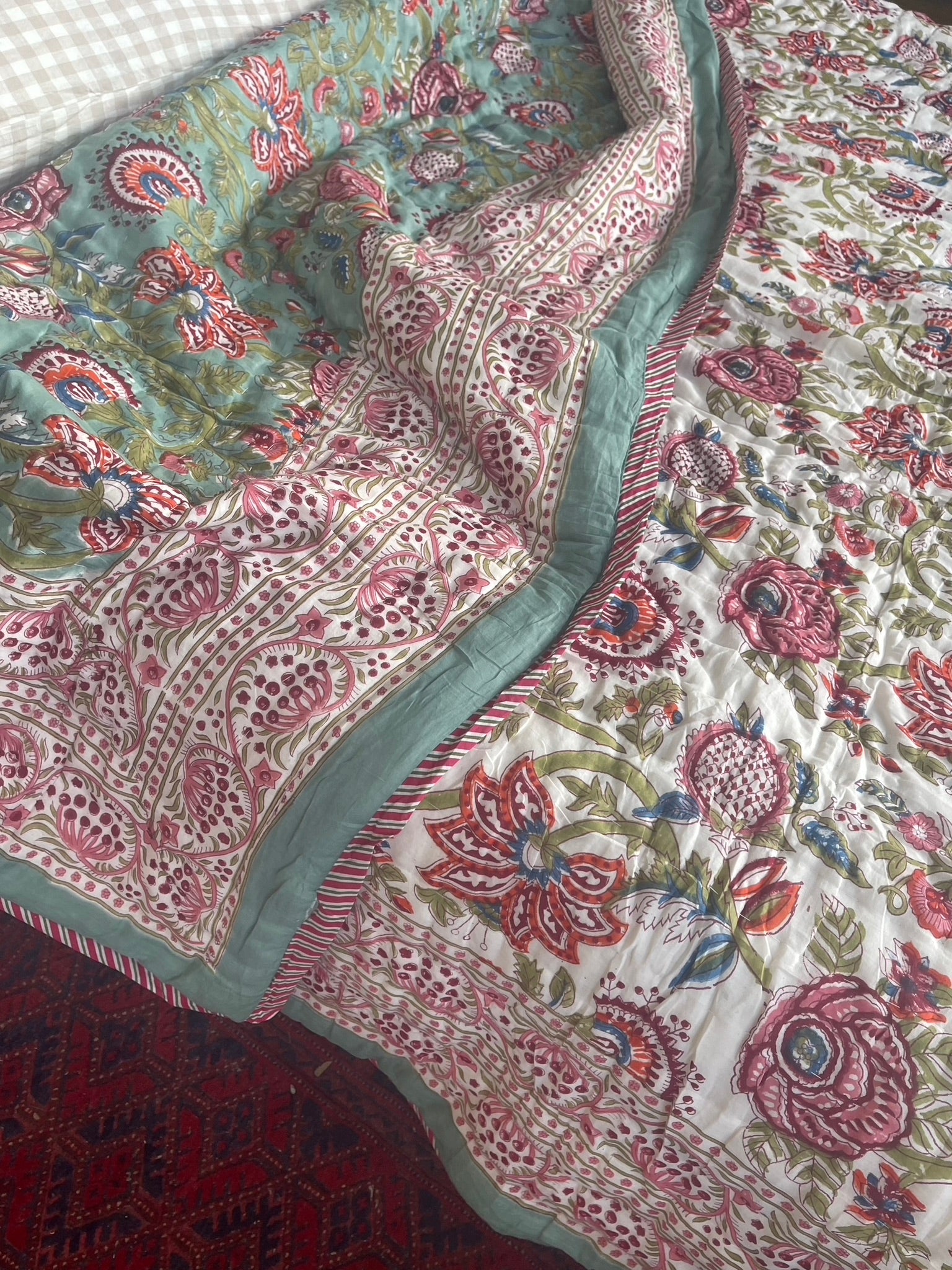 Jaipuri Cotton Quilt - Floral Celadon