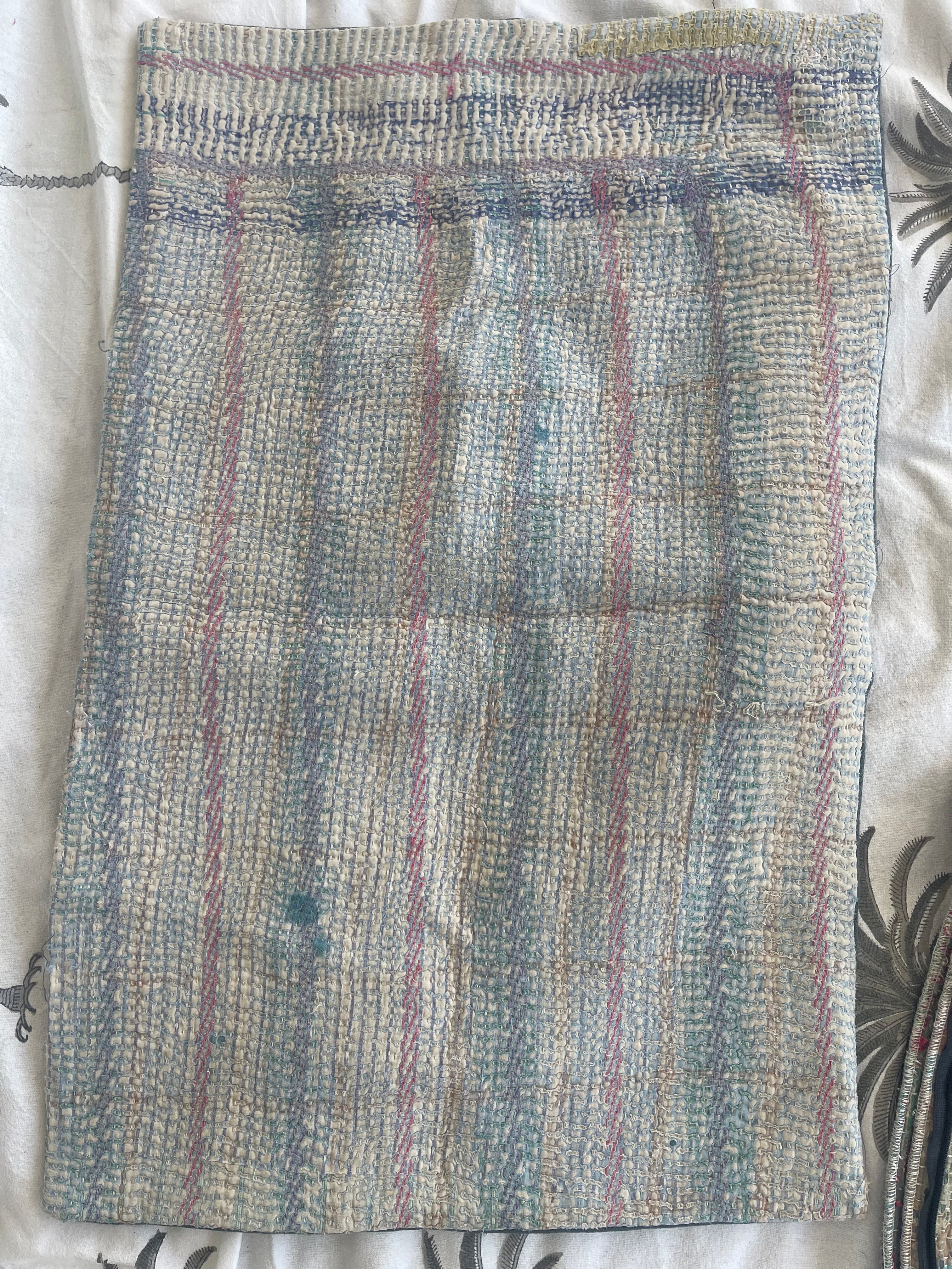 Rectangular Vintage Kantha Cushion - Blue Stripe 8