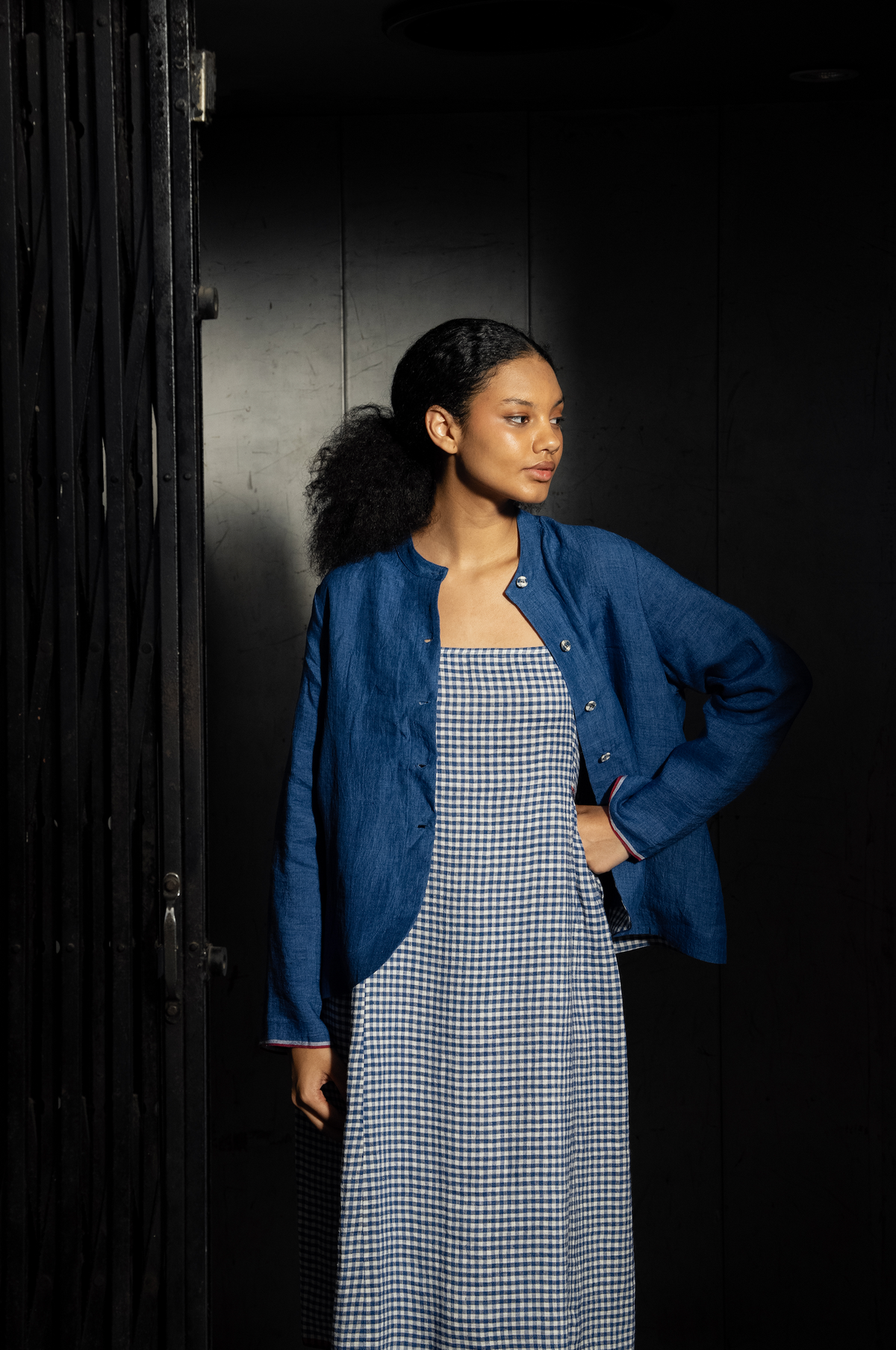 SARBANI LINEN SLIP DRESS - Cobalt Check