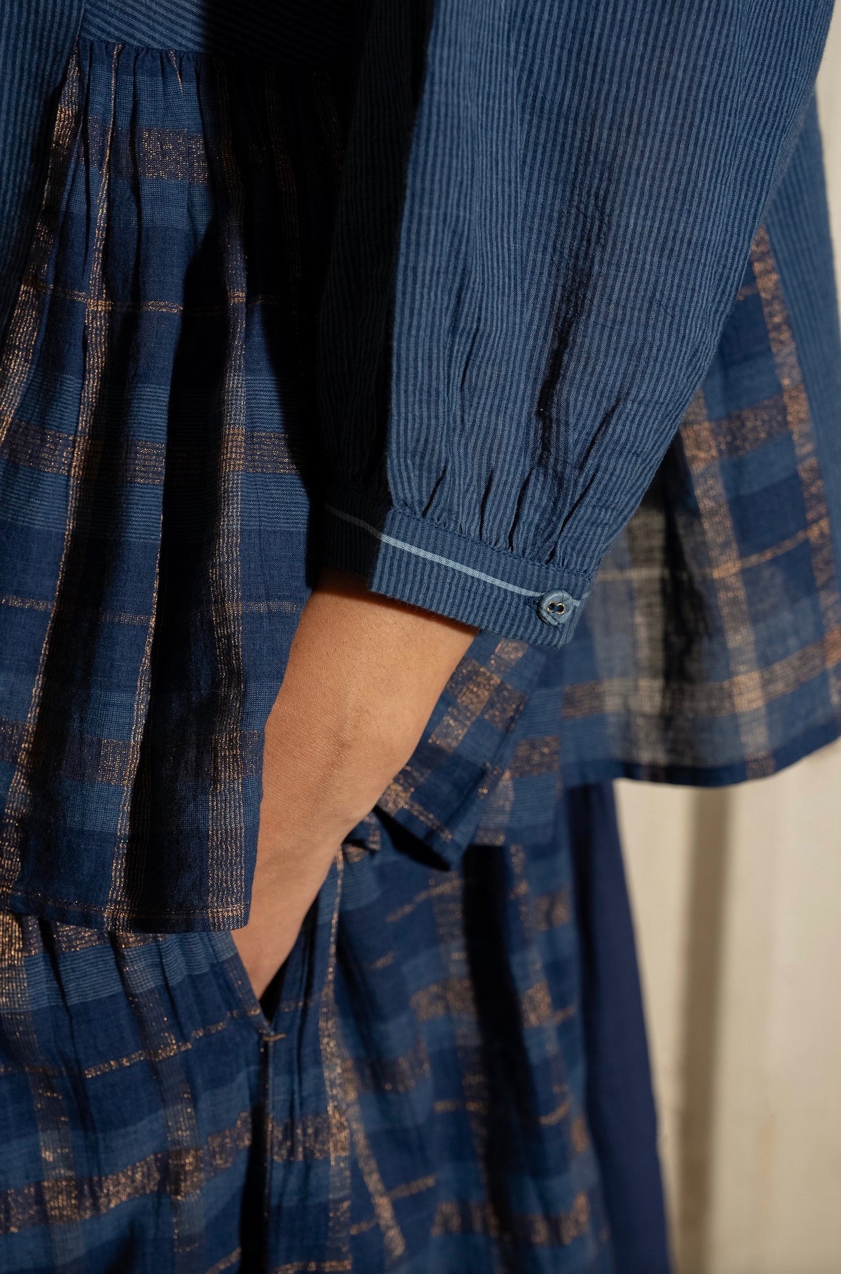 UMA HANDWOVEN COTTON SKIRT - Indigo Lurex Check