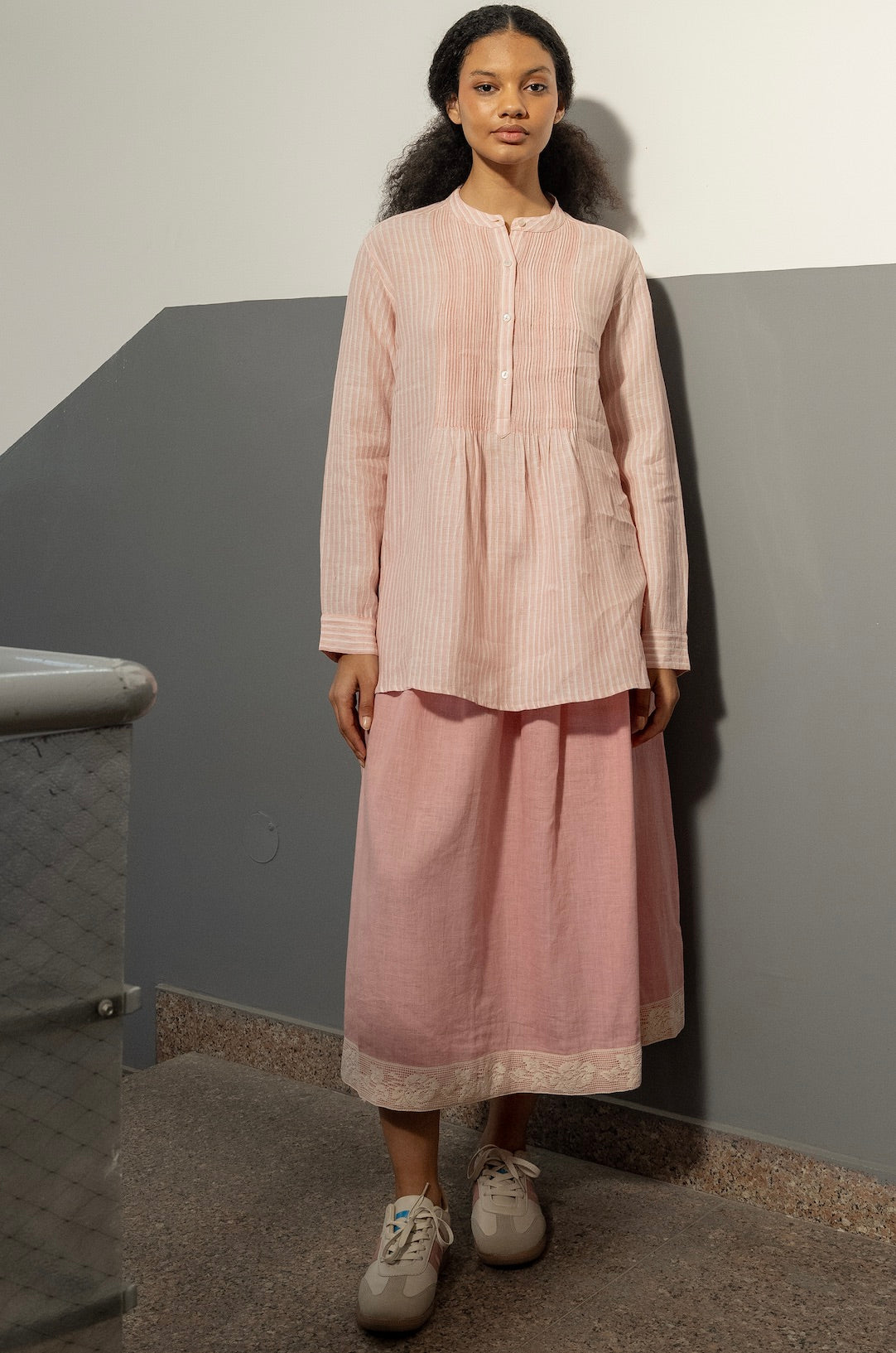 MOHINI LINEN PINTUCK SHIRT - Light Rose