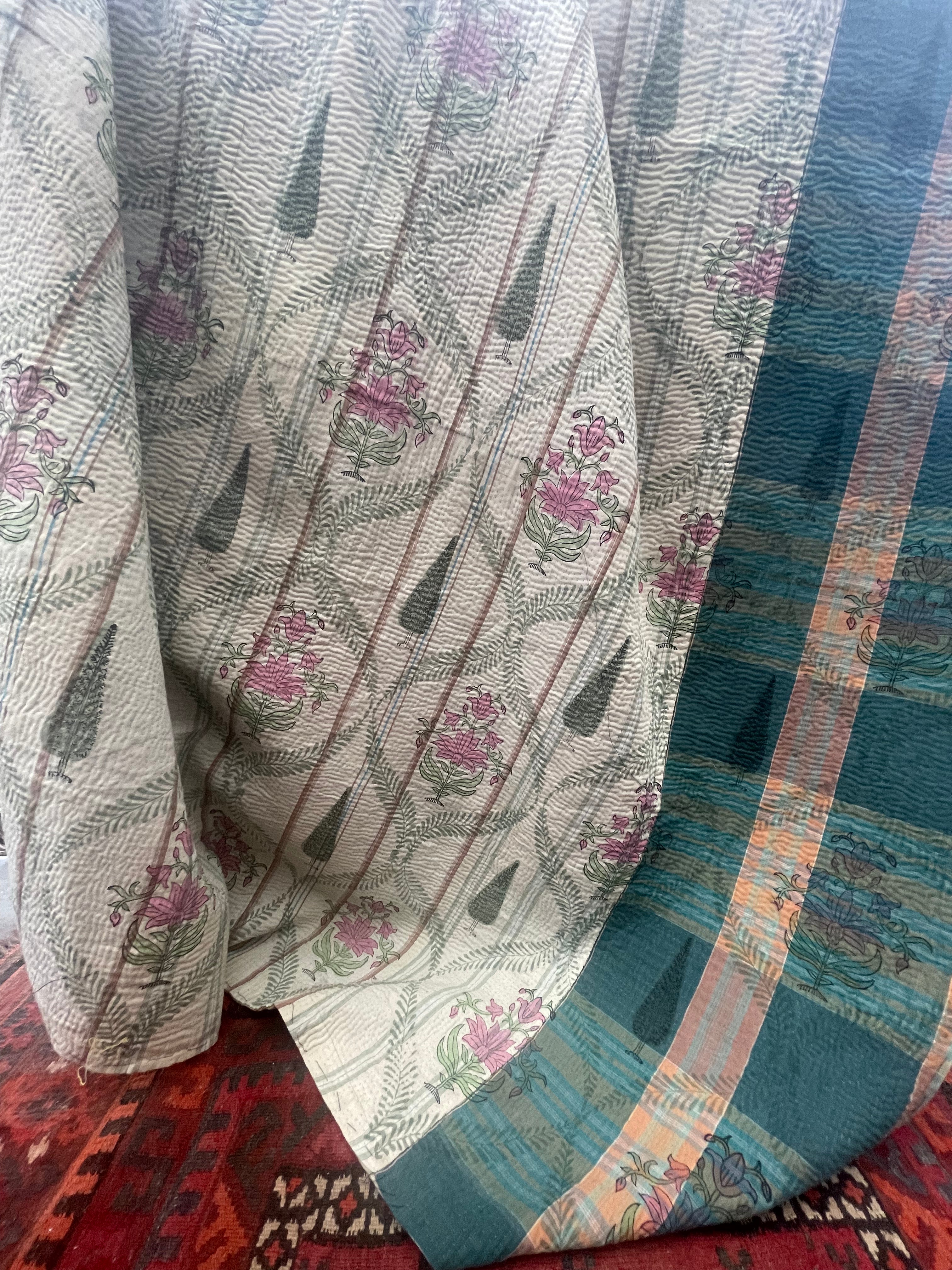 VINTAGE KANTHA - French Floral | Green Stripe