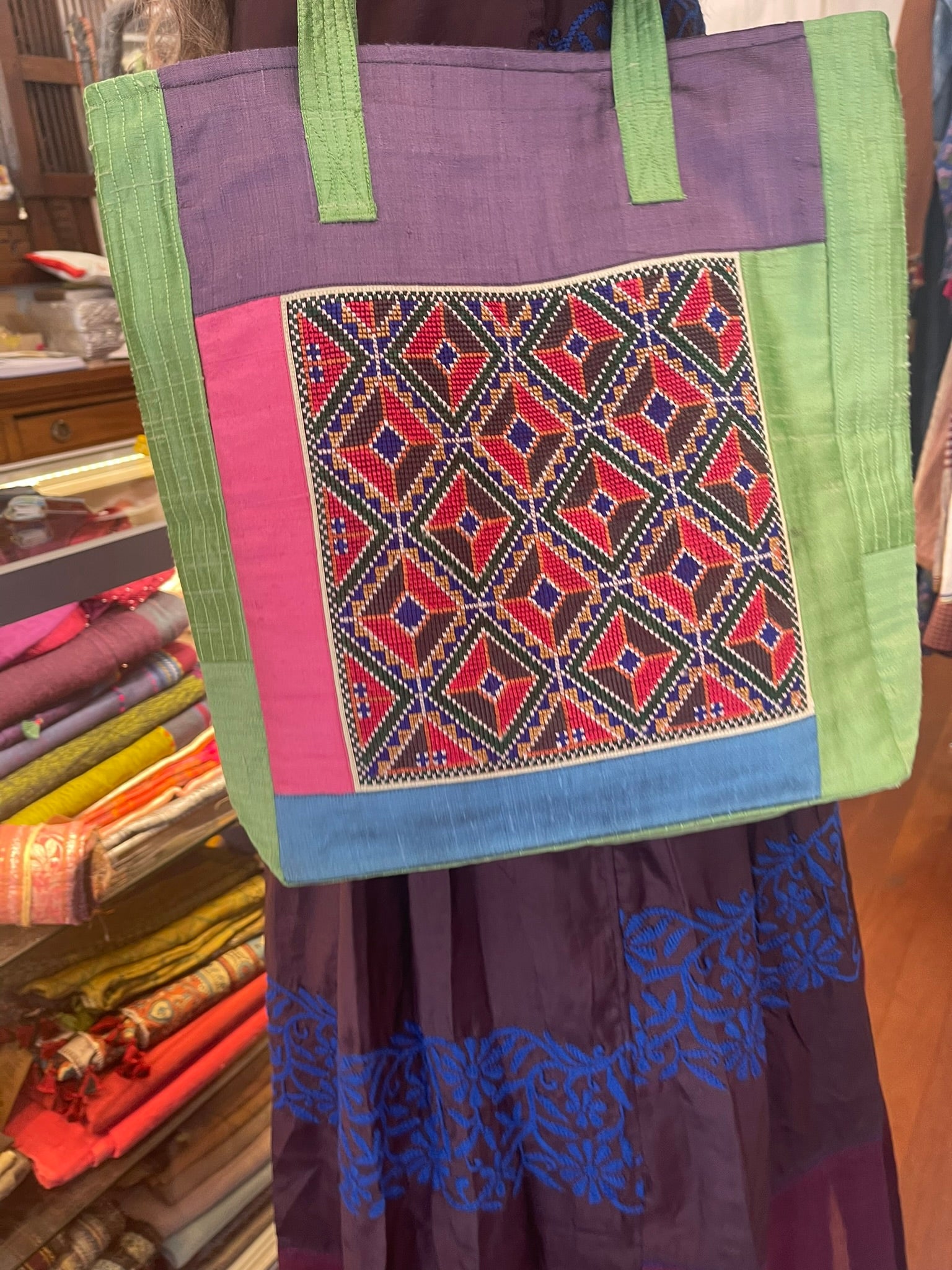 Embroidered JAT TOTE - Green Diagonal