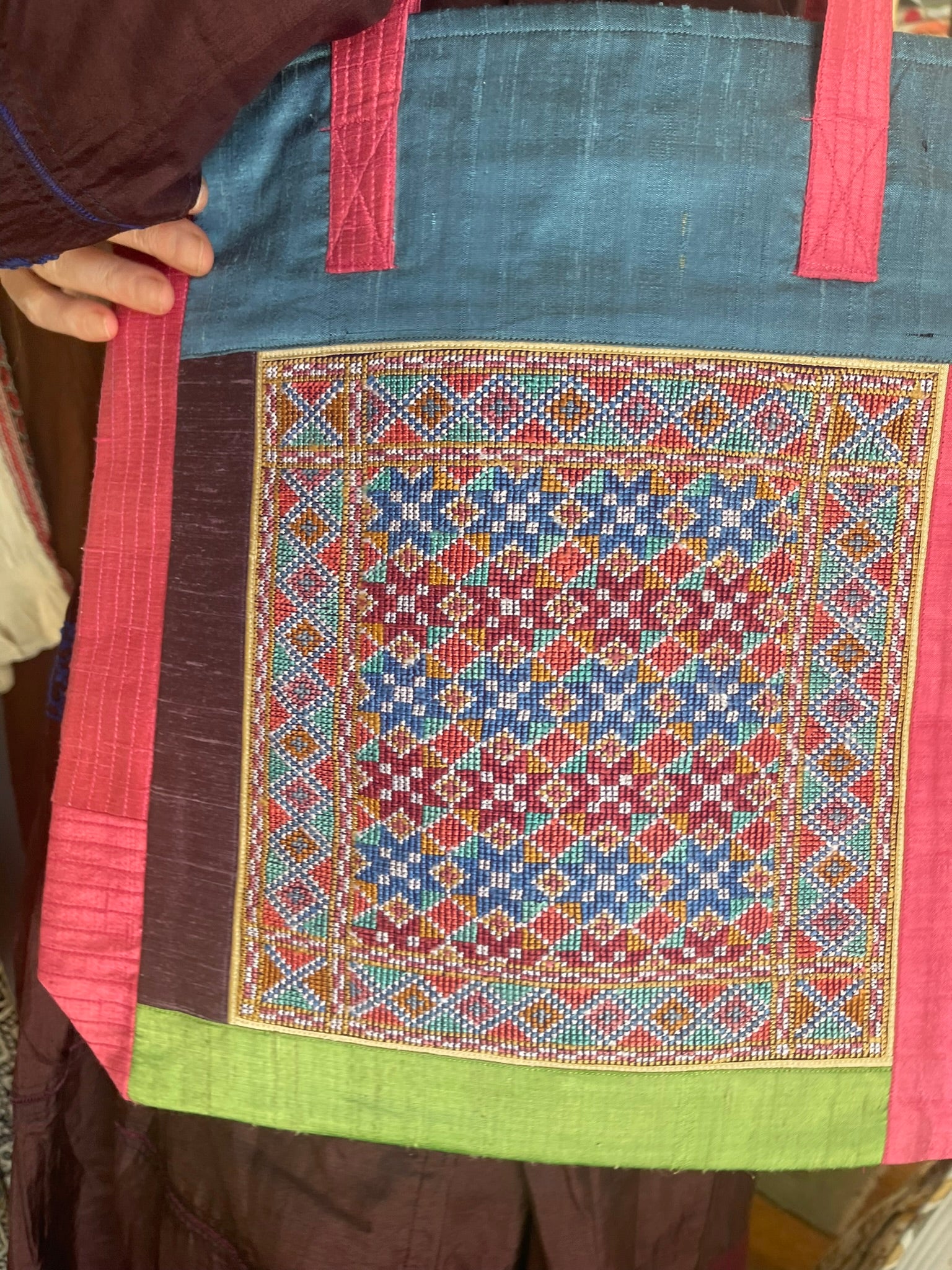 Embroidered JAT TOTE - Teal/Pink