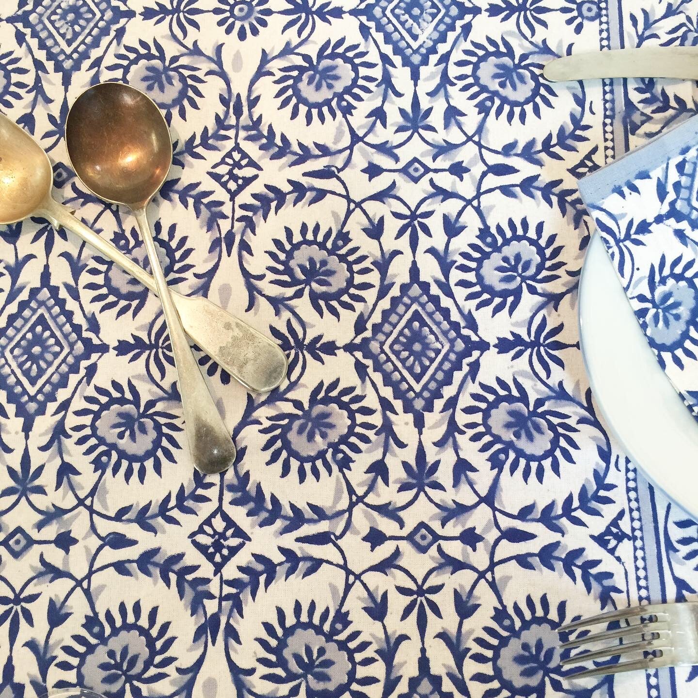 Handblock Printed Tablecloth Rectangular - French Tile