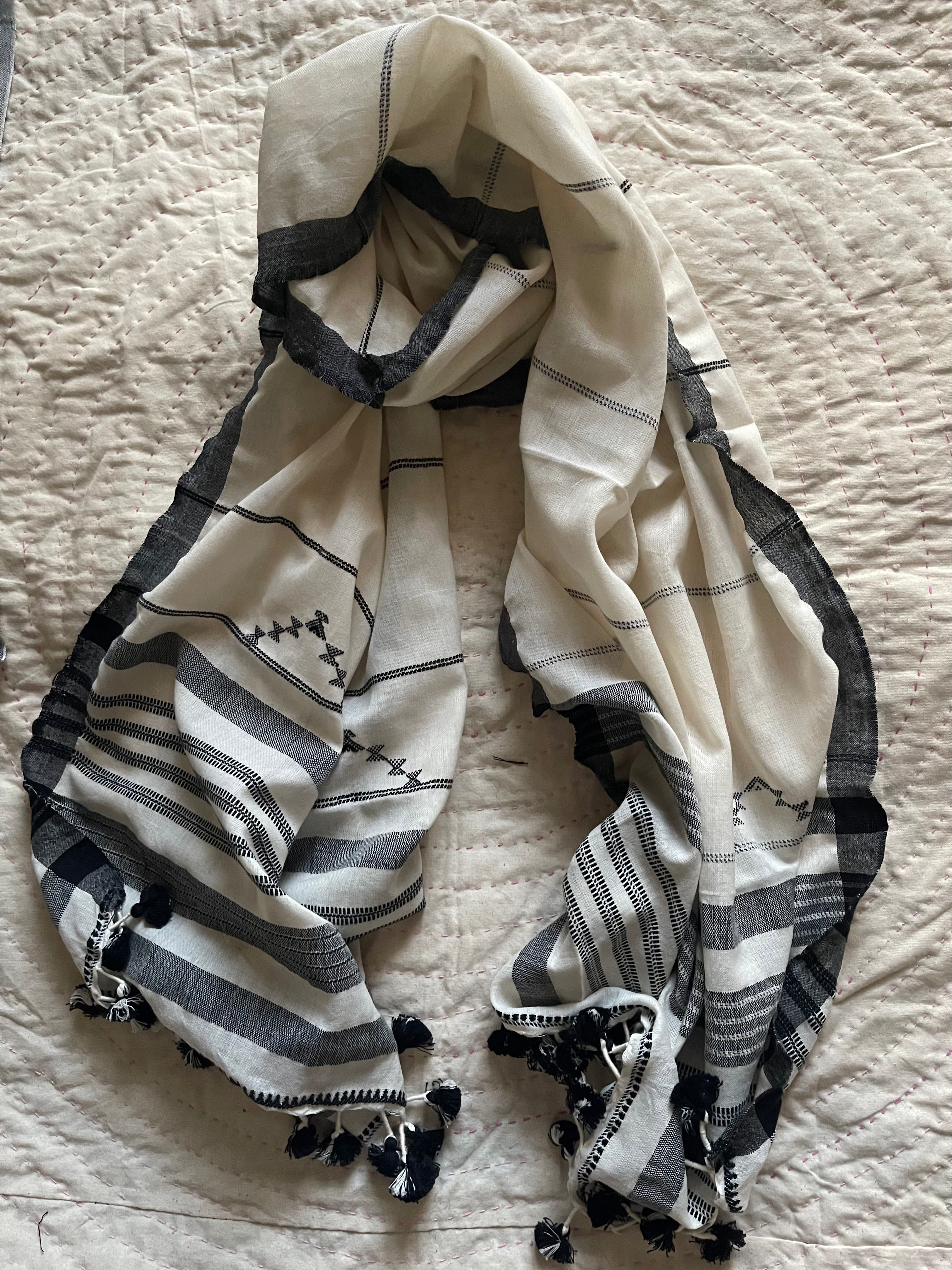 Handloomed Cotton Scarf - Horizontal Pinstripe Parchment