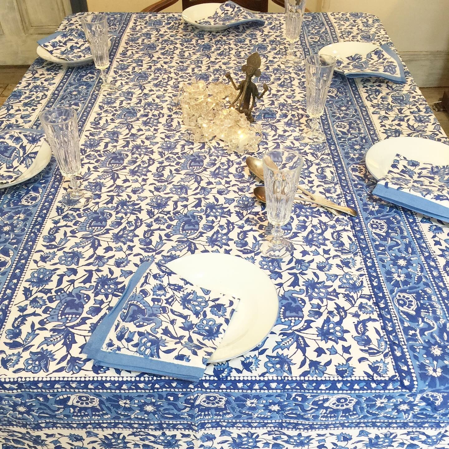 Handblock Printed Tablecloth Rectangular - Ephemera  Blue