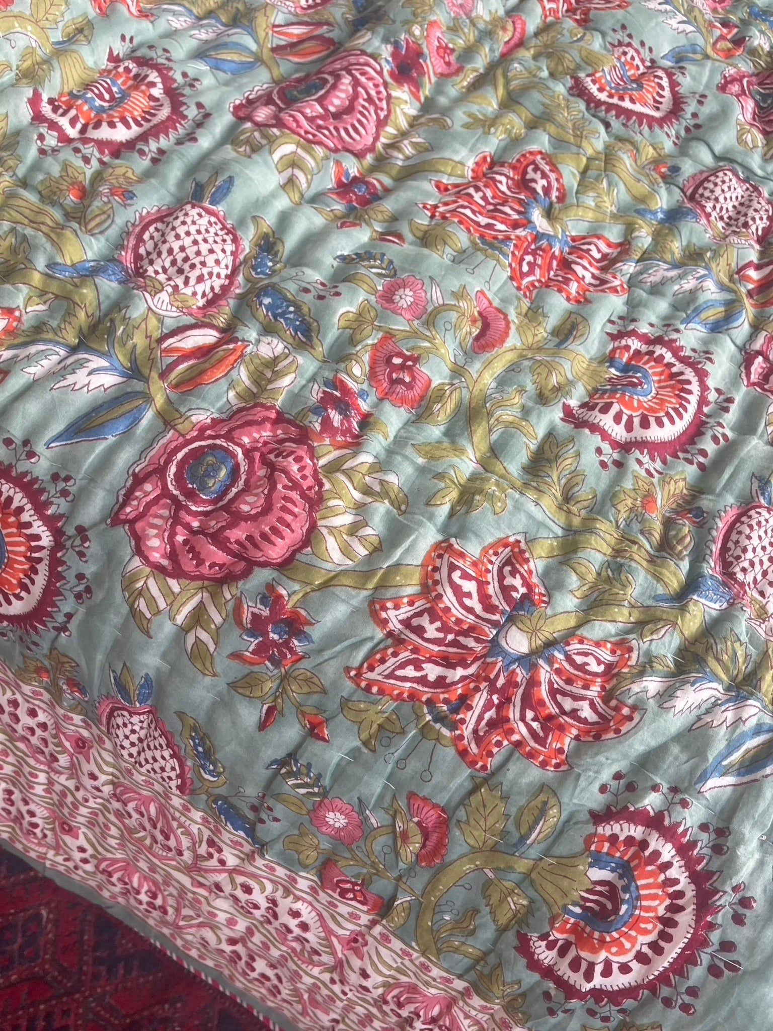 Jaipuri Cotton Quilt - Floral Celadon