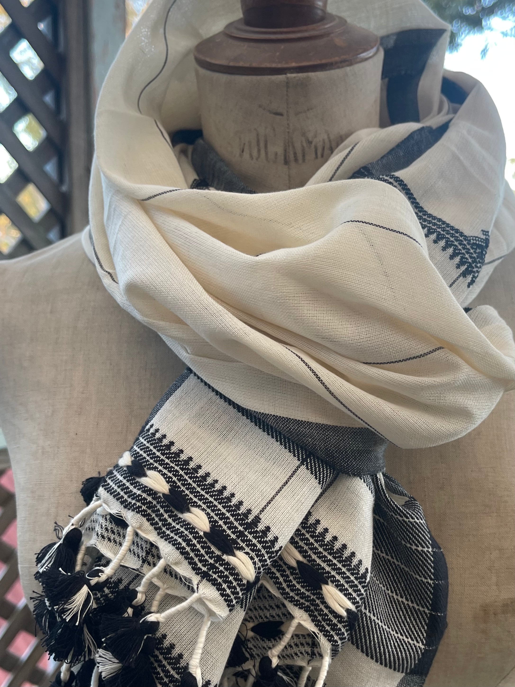 Handloomed Cotton Scarf - Vertical Pinstripe Parchment