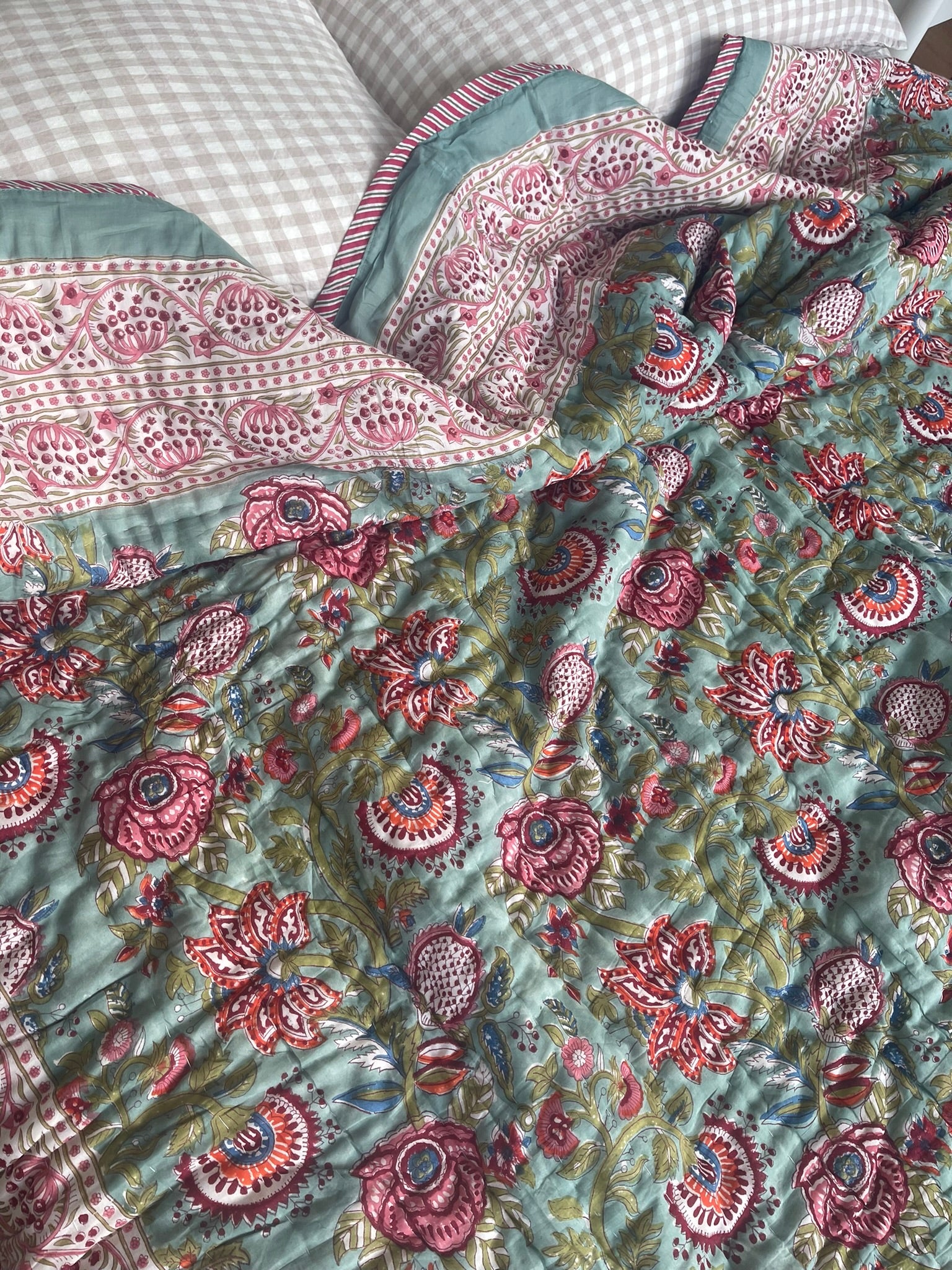 Jaipuri Cotton Quilt - Floral Celadon
