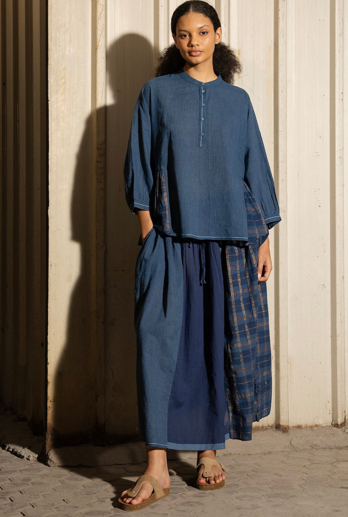 UMA HANDWOVEN COTTON SKIRT - Indigo Lurex Check