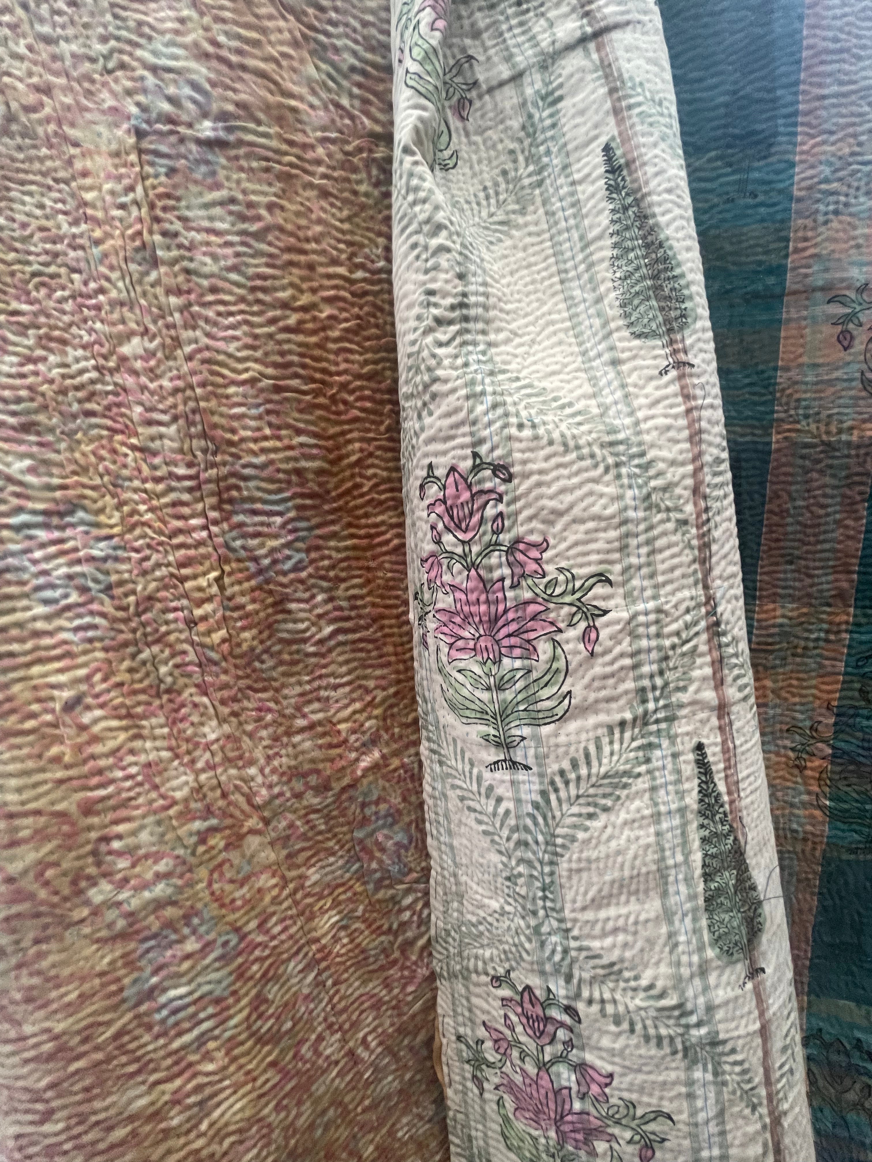 VINTAGE KANTHA - French Floral | Green Stripe