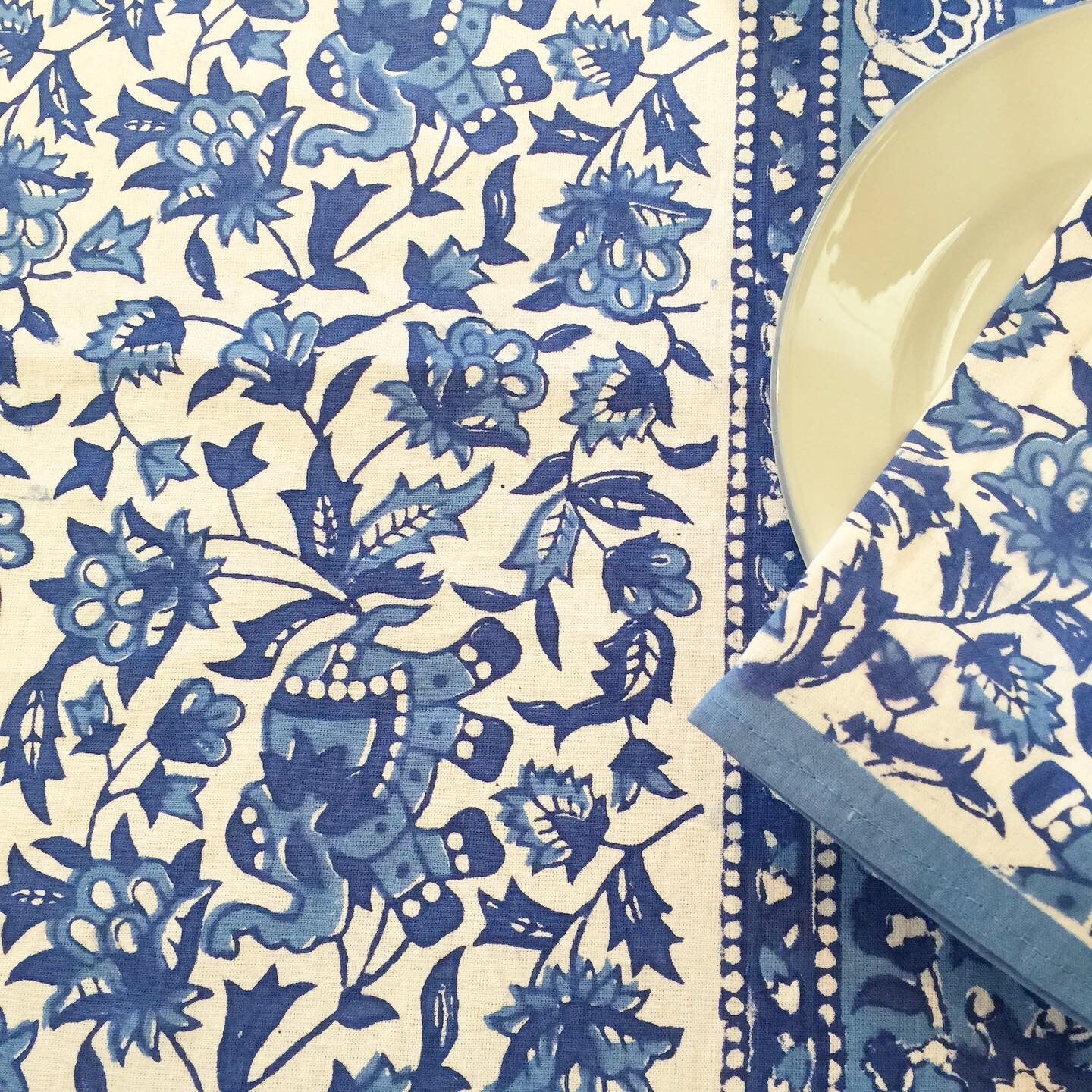 Handblock Printed Tablecloth Rectangular - Ephemera  Blue
