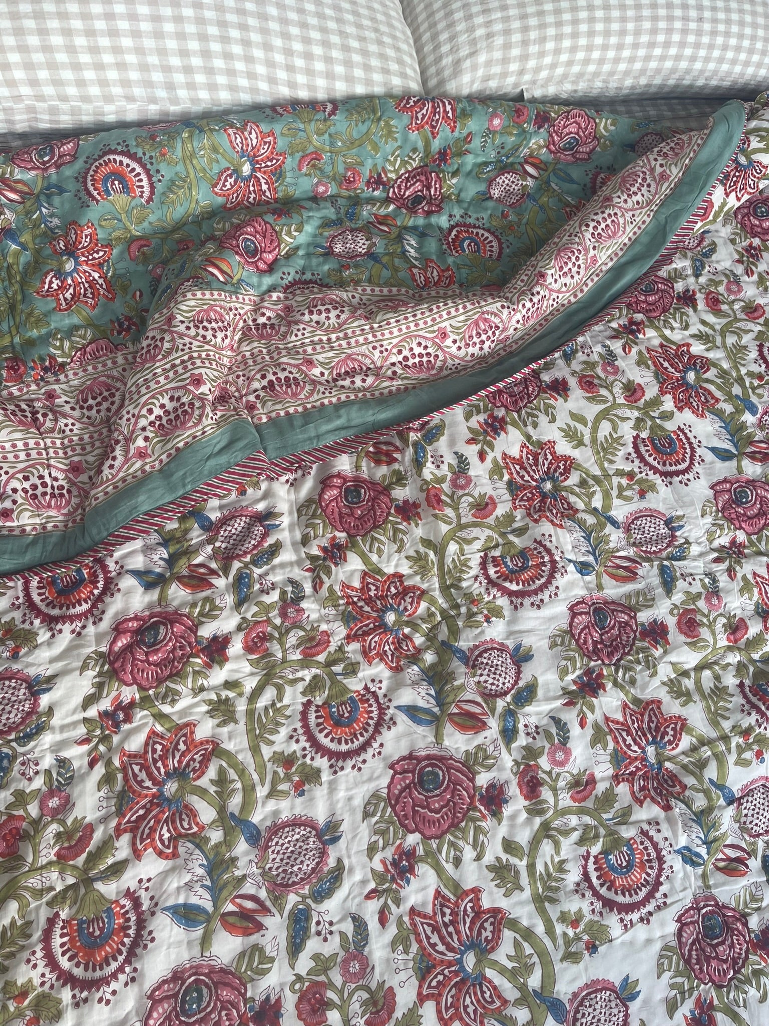Jaipuri Cotton Quilt - Floral Celadon