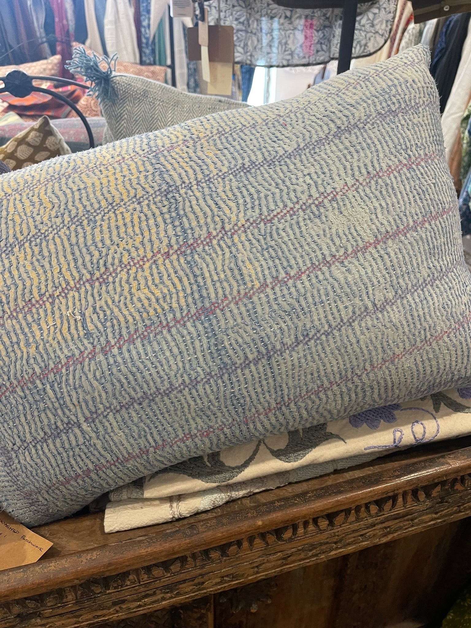 Rectangular Vintage Kantha Cushion - Blue Stripe 3