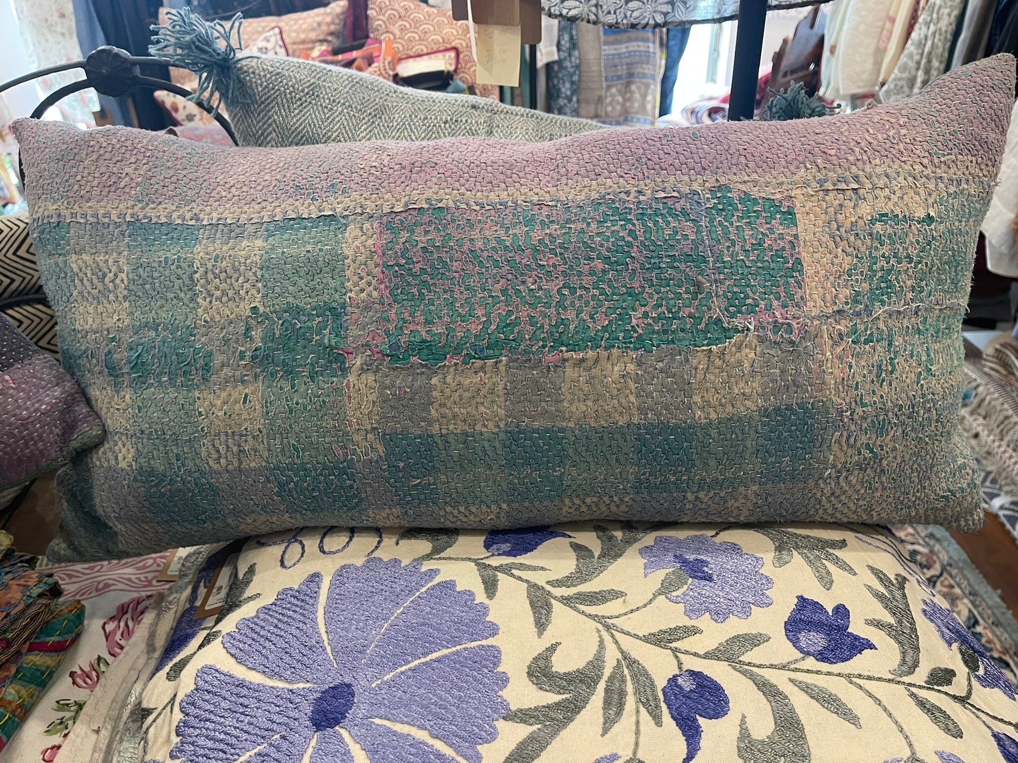 Linear Vintage Kantha Cushion - Sea Green Check