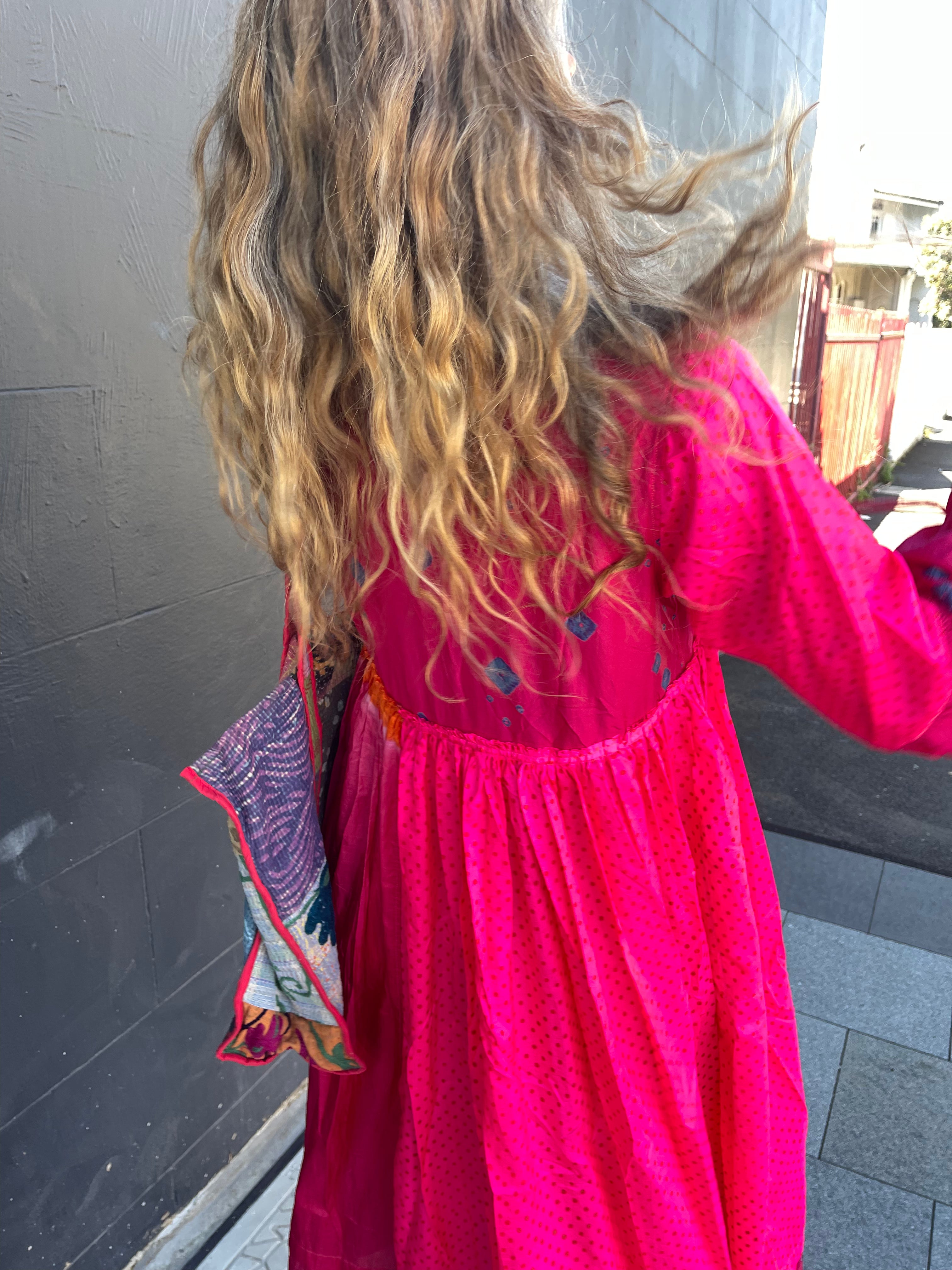 FOLKLORE 41 - Dress Silk Hot Rose Bandhani