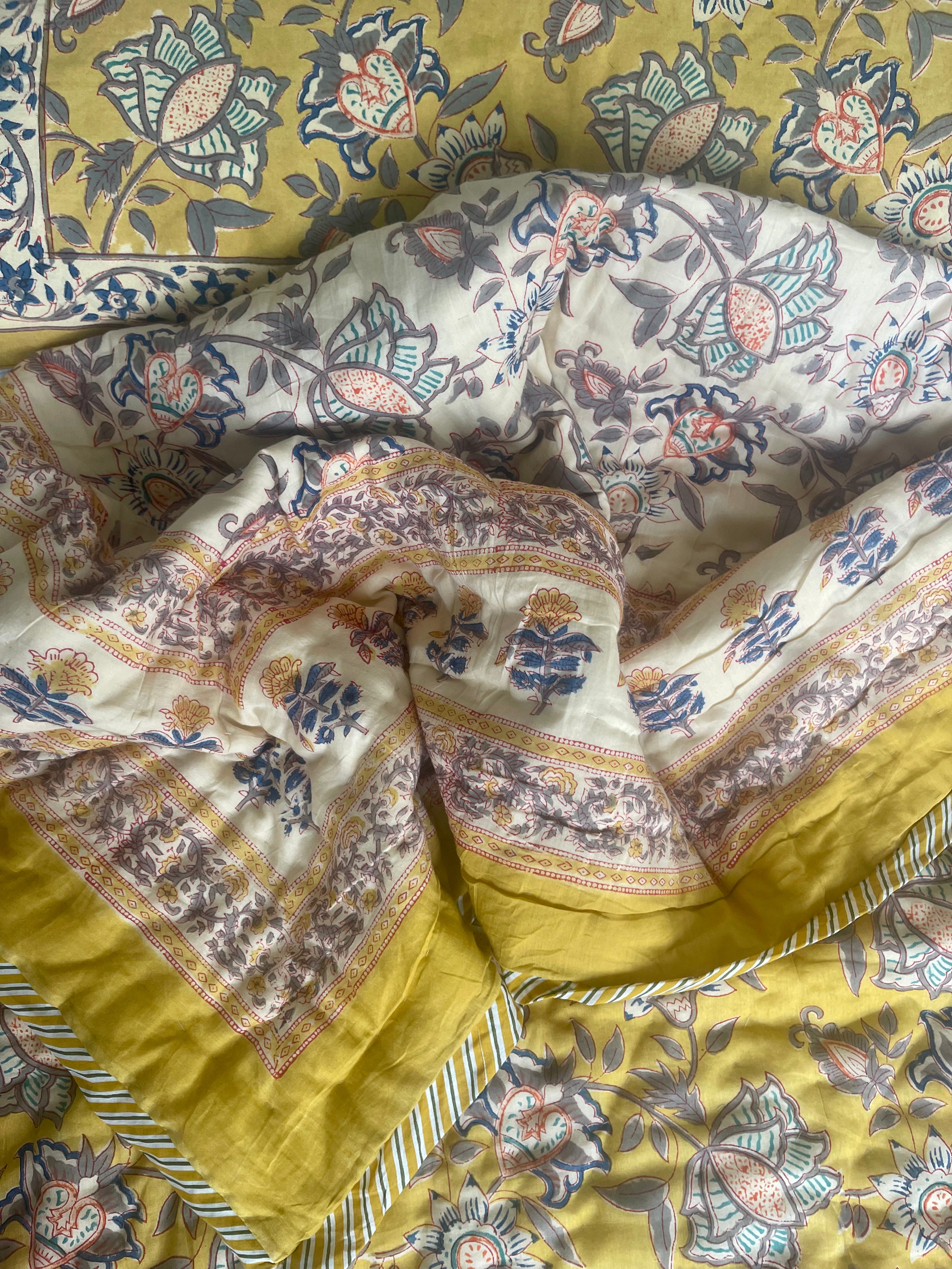 Jaipuri Cotton Quilt - BUTTER YELLOW FLORAL