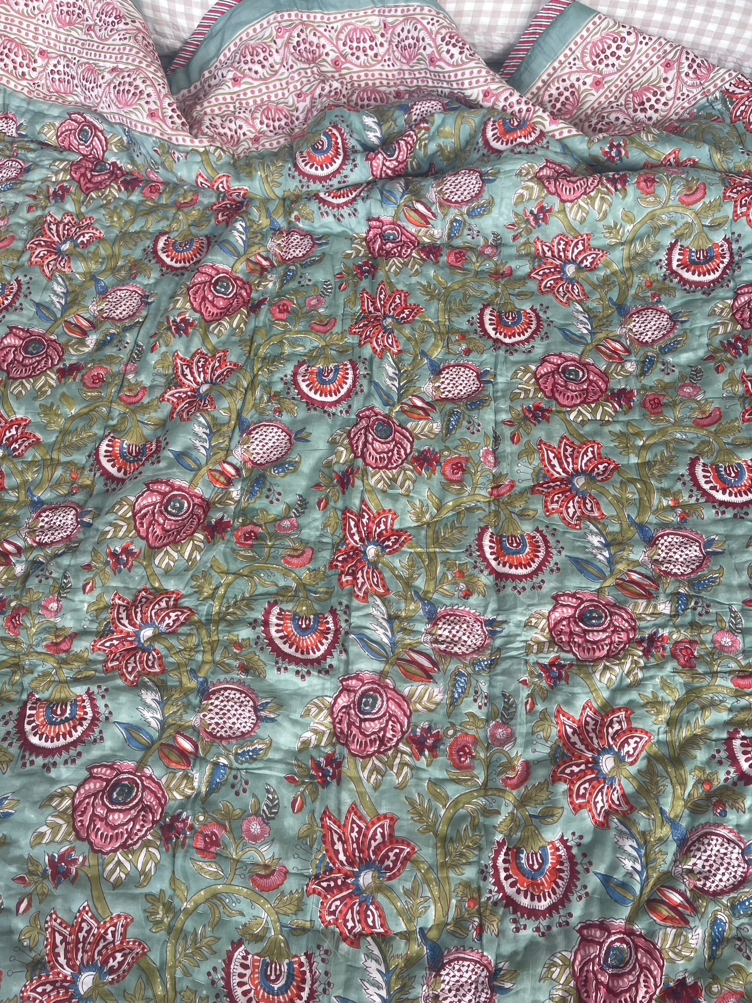 Jaipuri Cotton Quilt - Floral Celadon