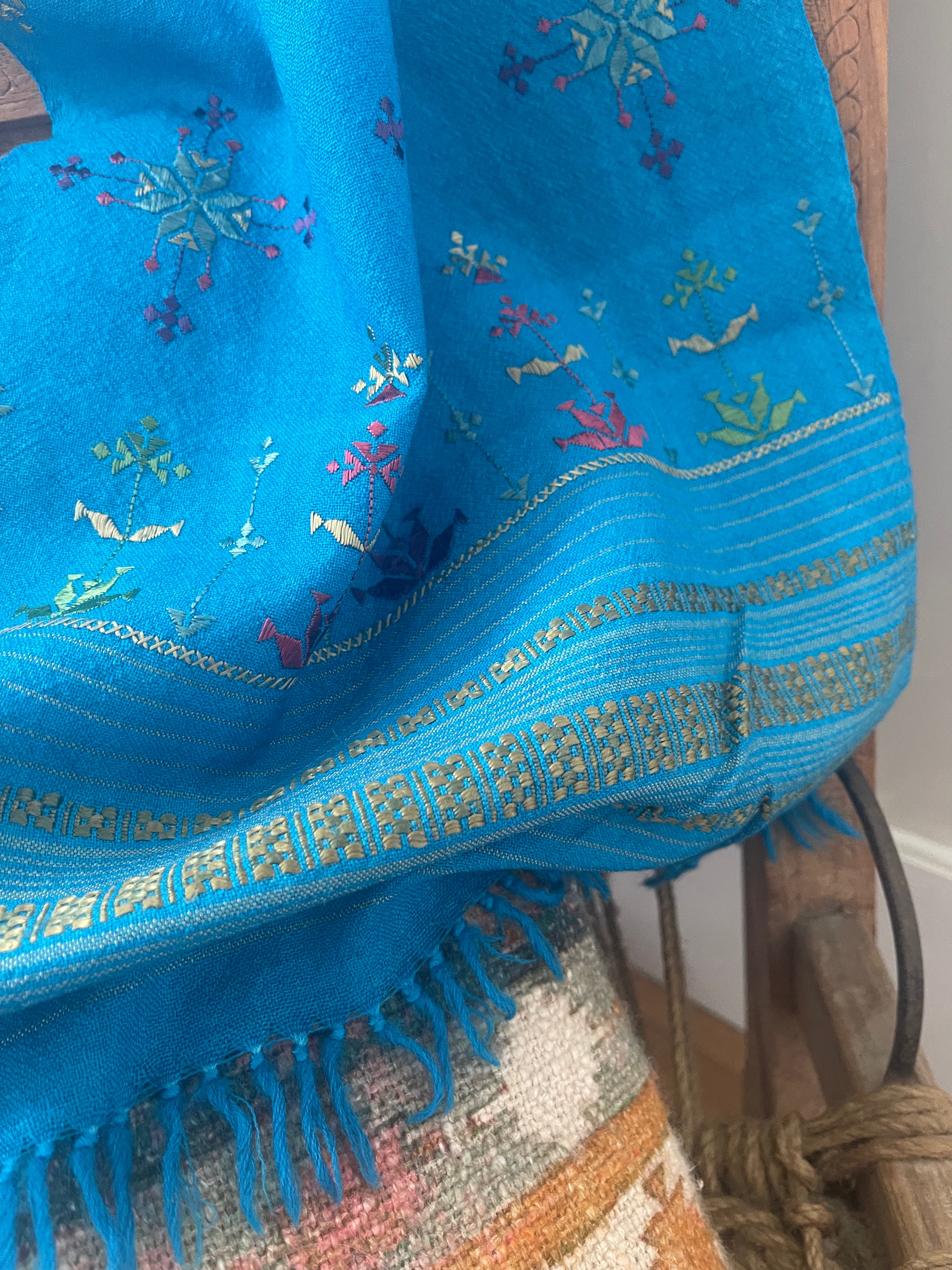 Soof Embroidered Wool Scarf-Tropical Blue