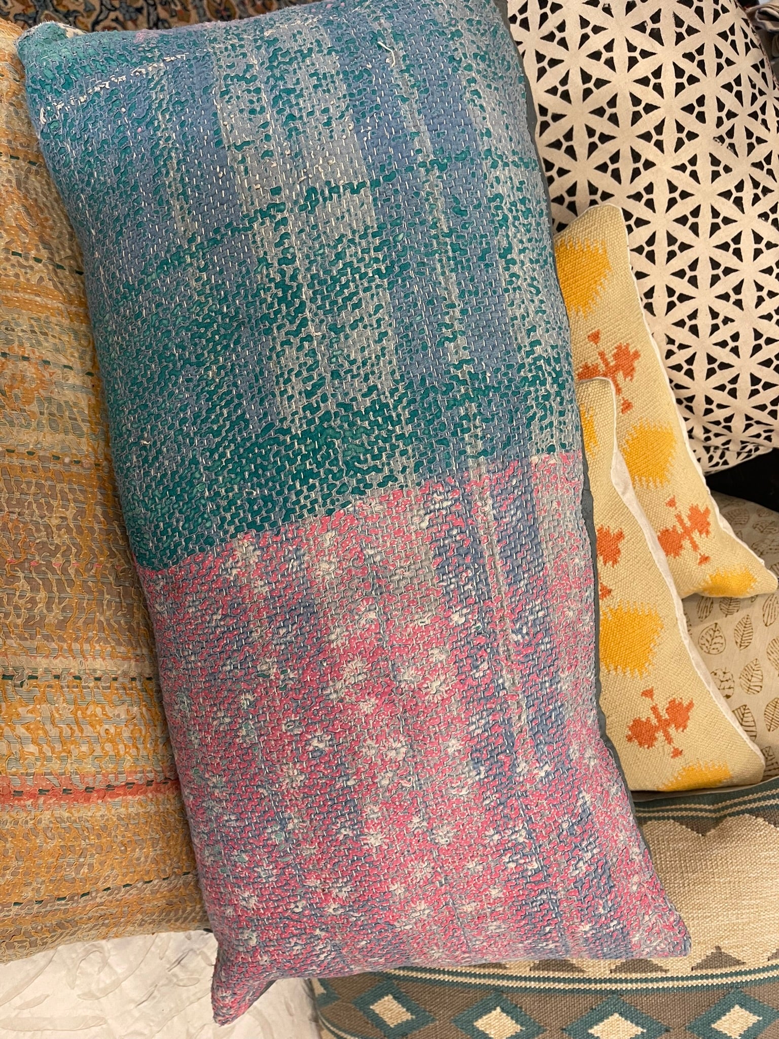 Linear Vintage Kantha Cushion - Sea Green