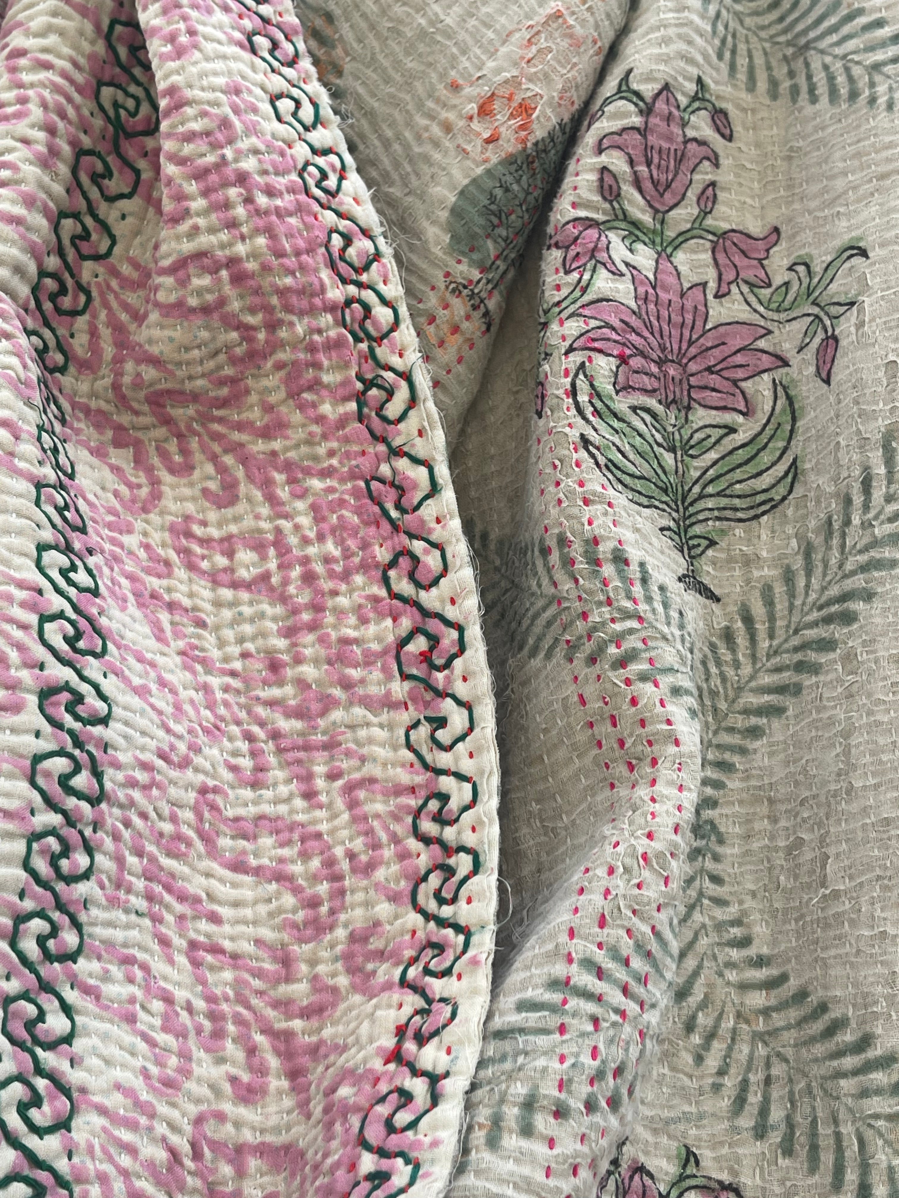 VINTAGE KANTHA - French Floral | | Pink Stripe
