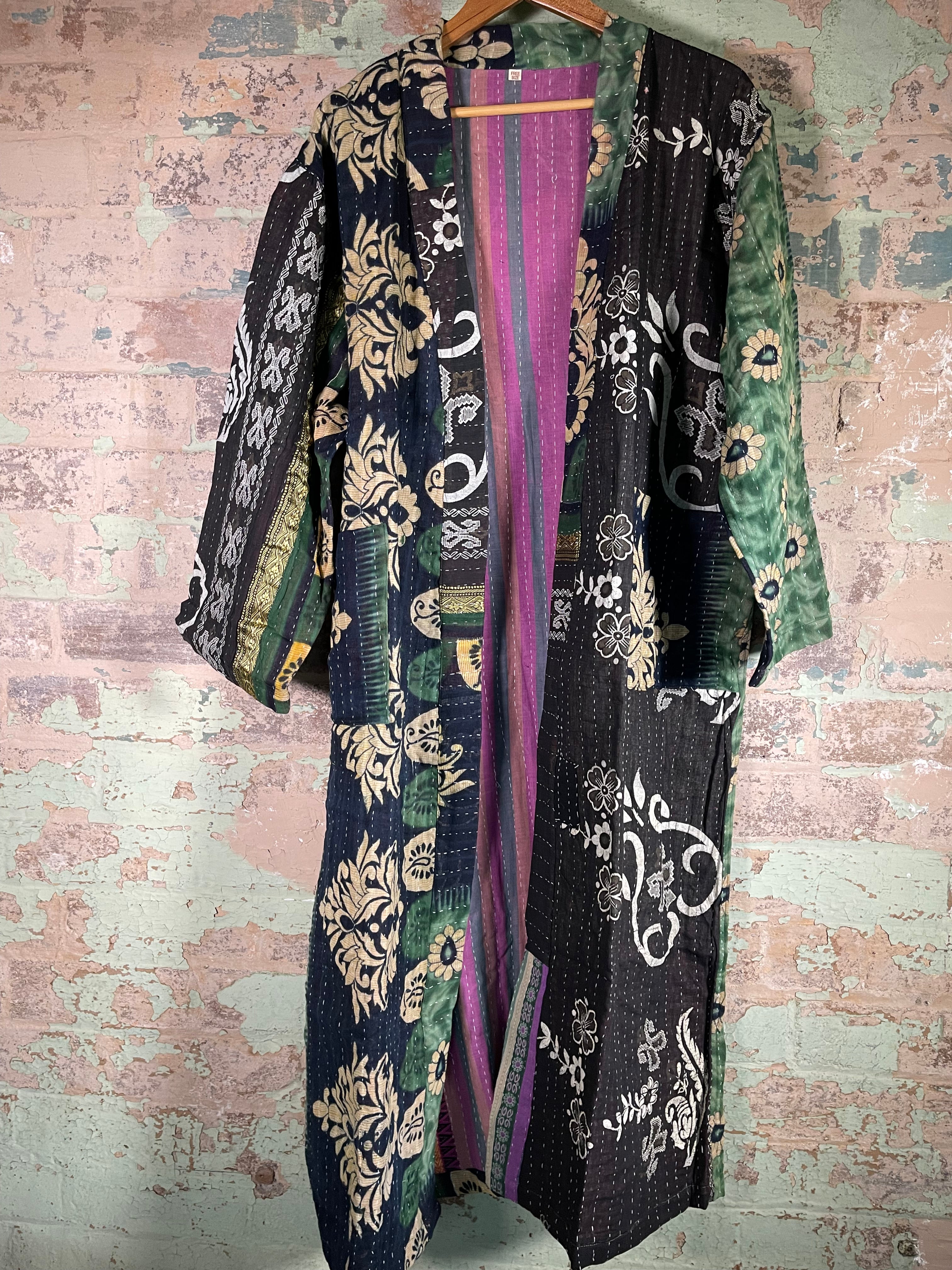 Vintage Kantha Kimono - Black Gold