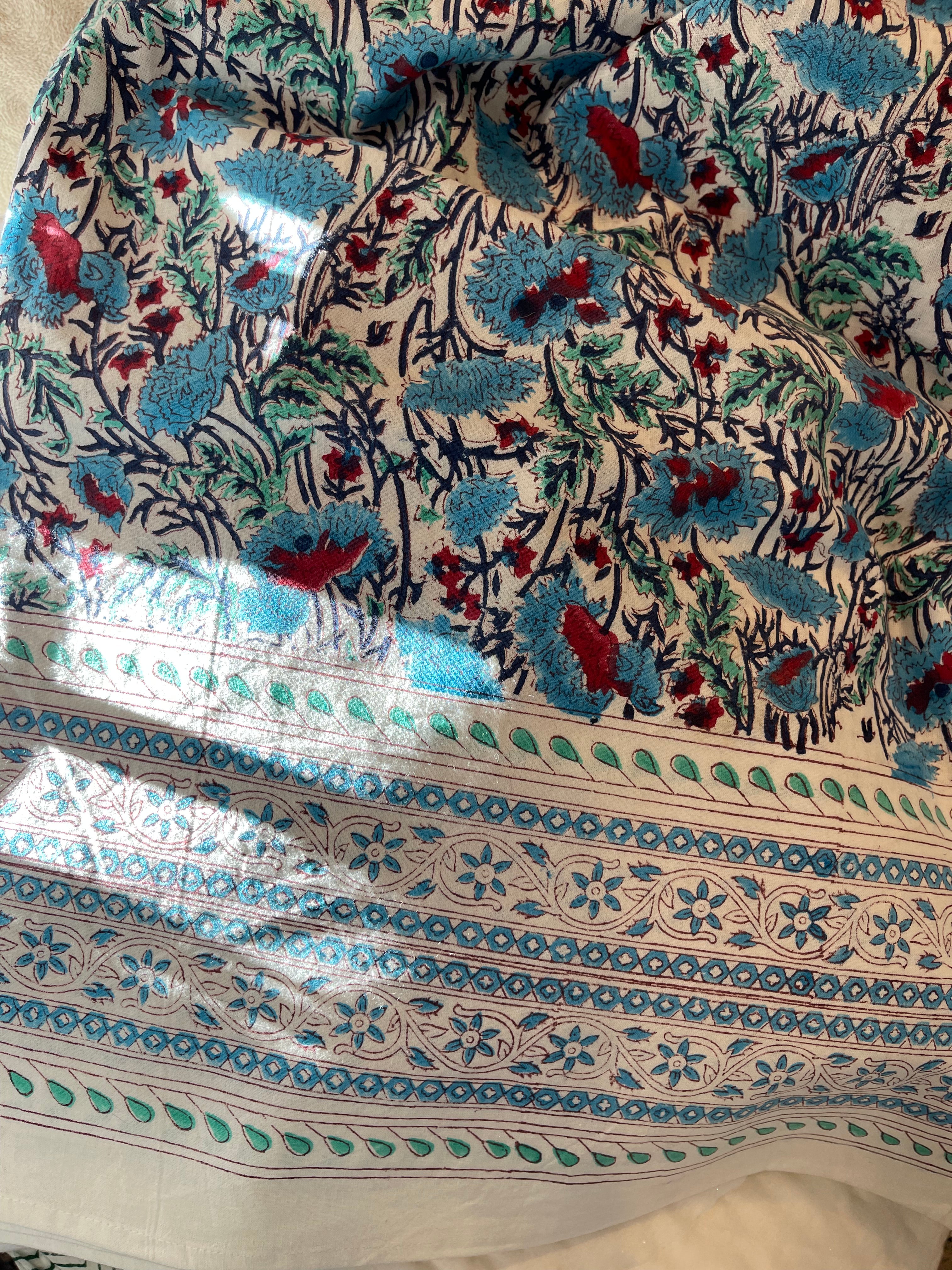 Handblock Printed Tablecloth Rectangular Long - Cool Floral