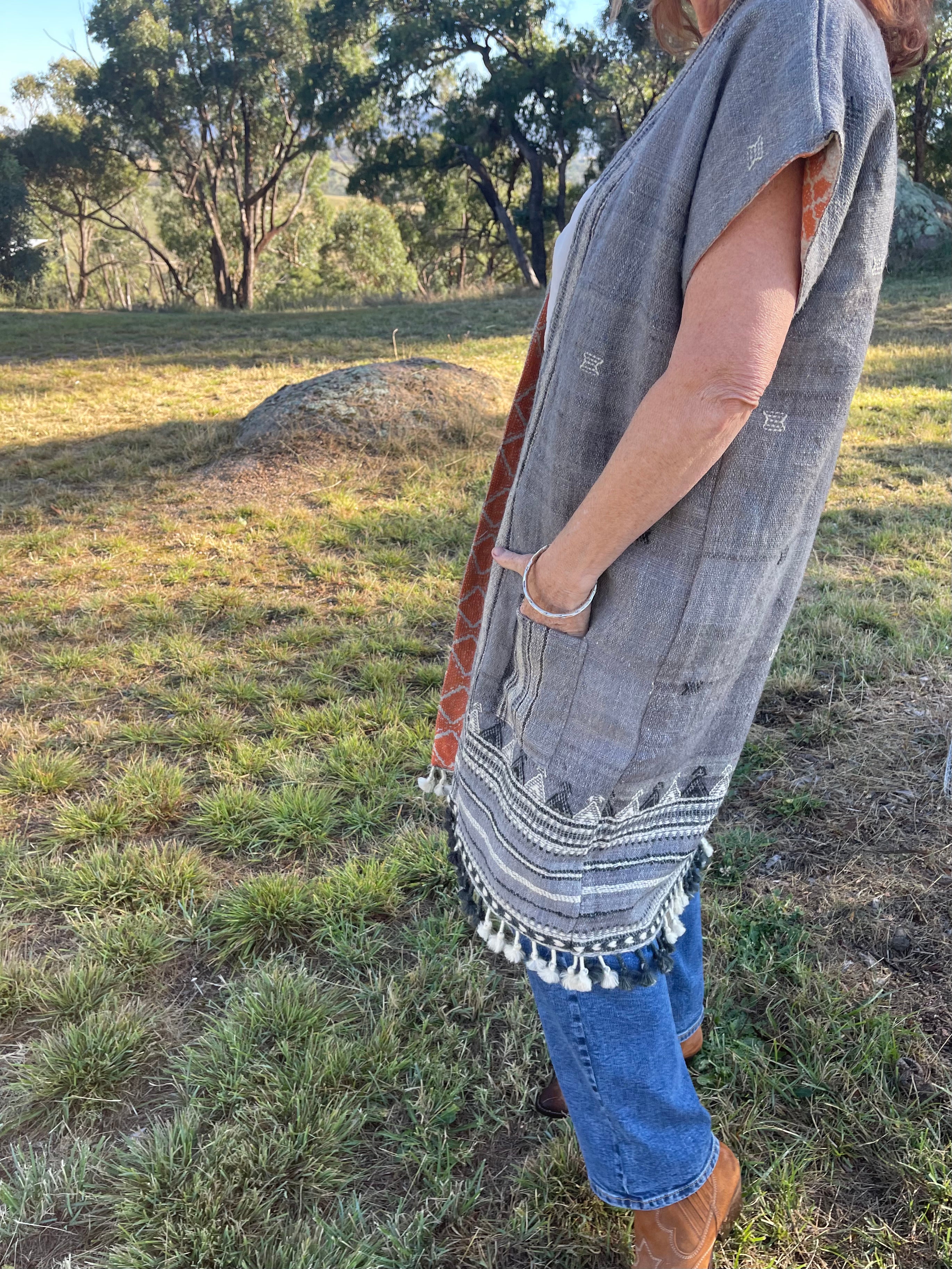 Handwoven Desi Wool Jacket - Slate Kutch Embroidered