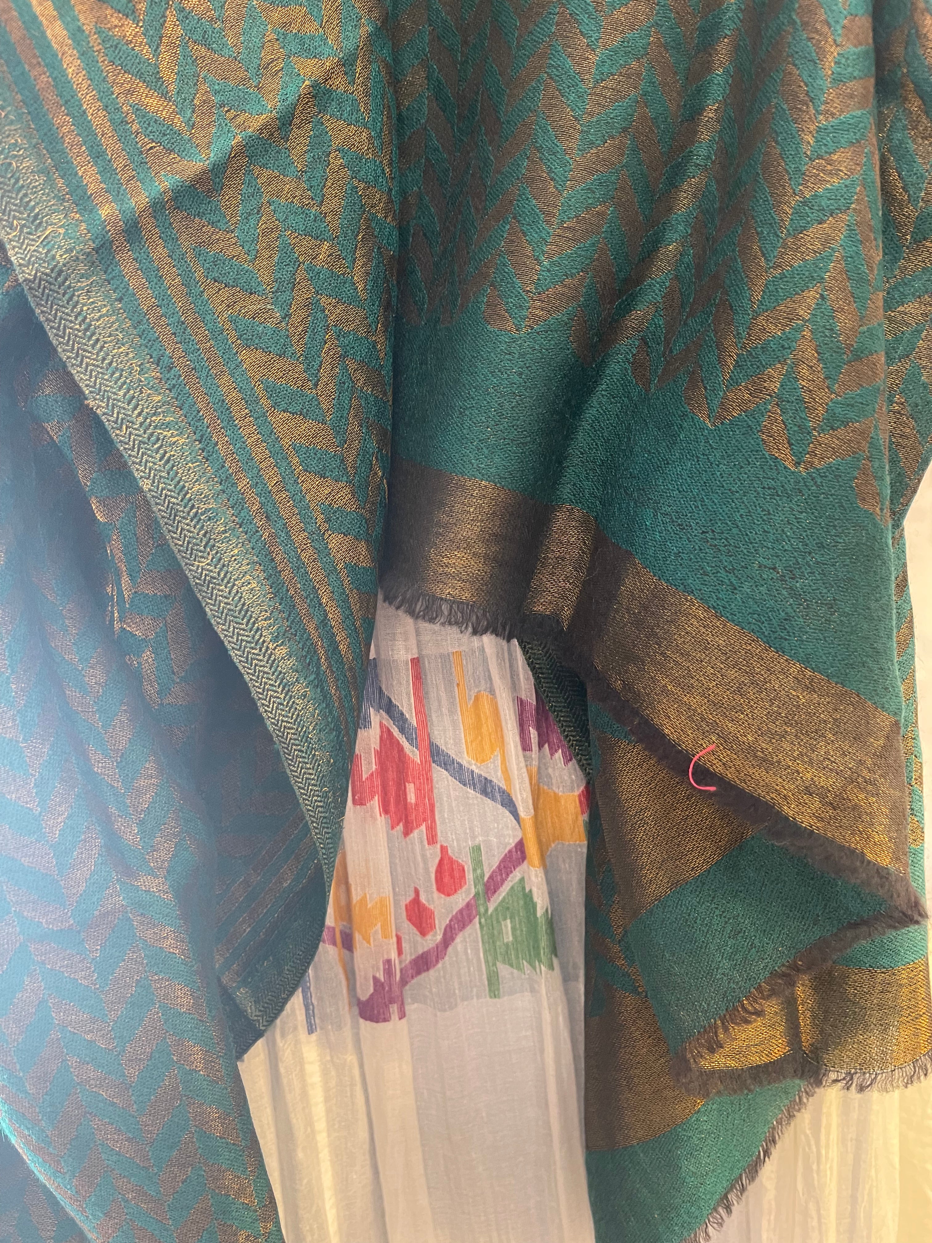 Wool Zig Zag Zari Scarf - Deep Ocean