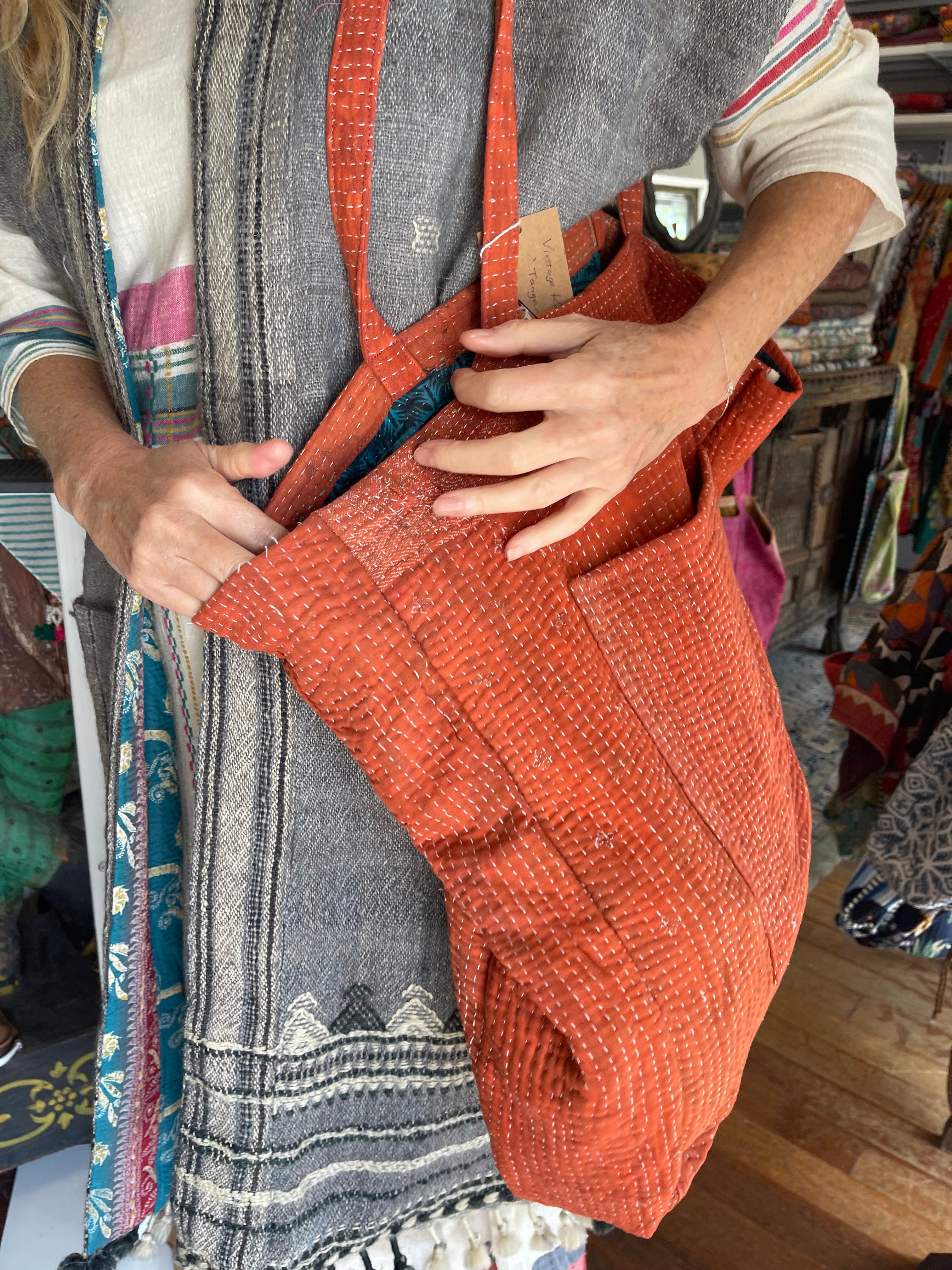 Vintage Kantha Tote - Tangerine