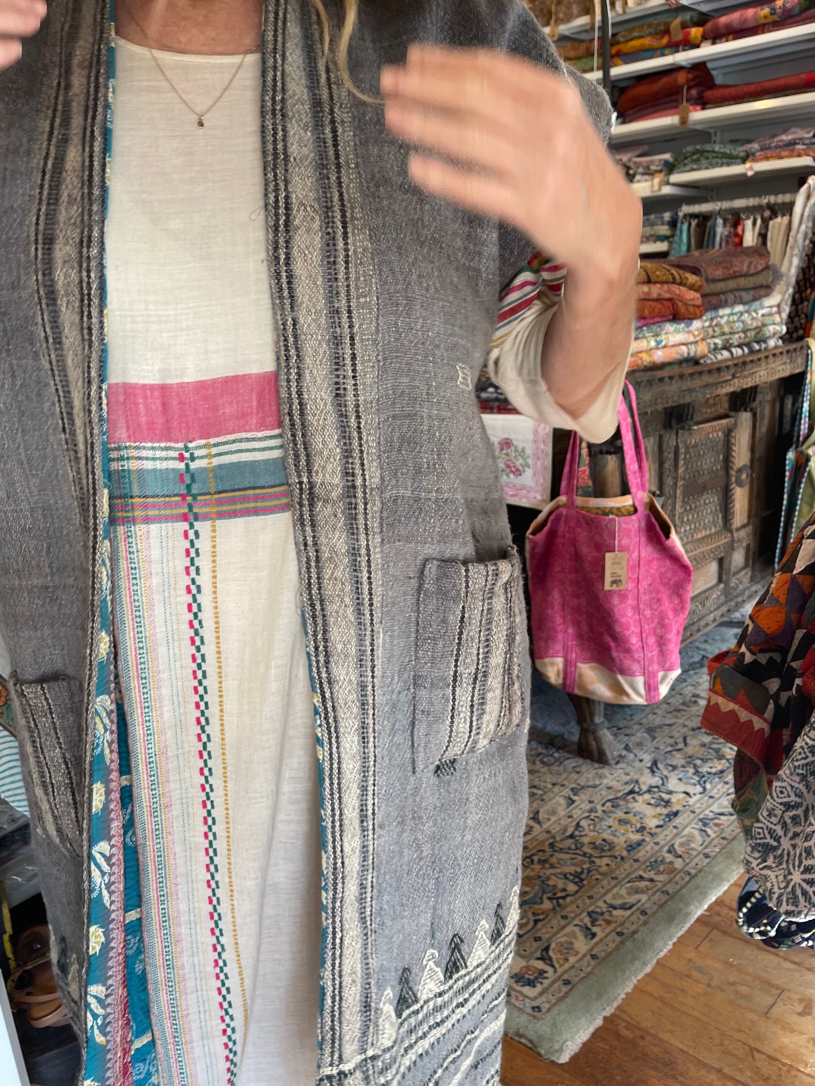 Handwoven Desi Wool Jacket - Cool Blue Kutch Embroidered