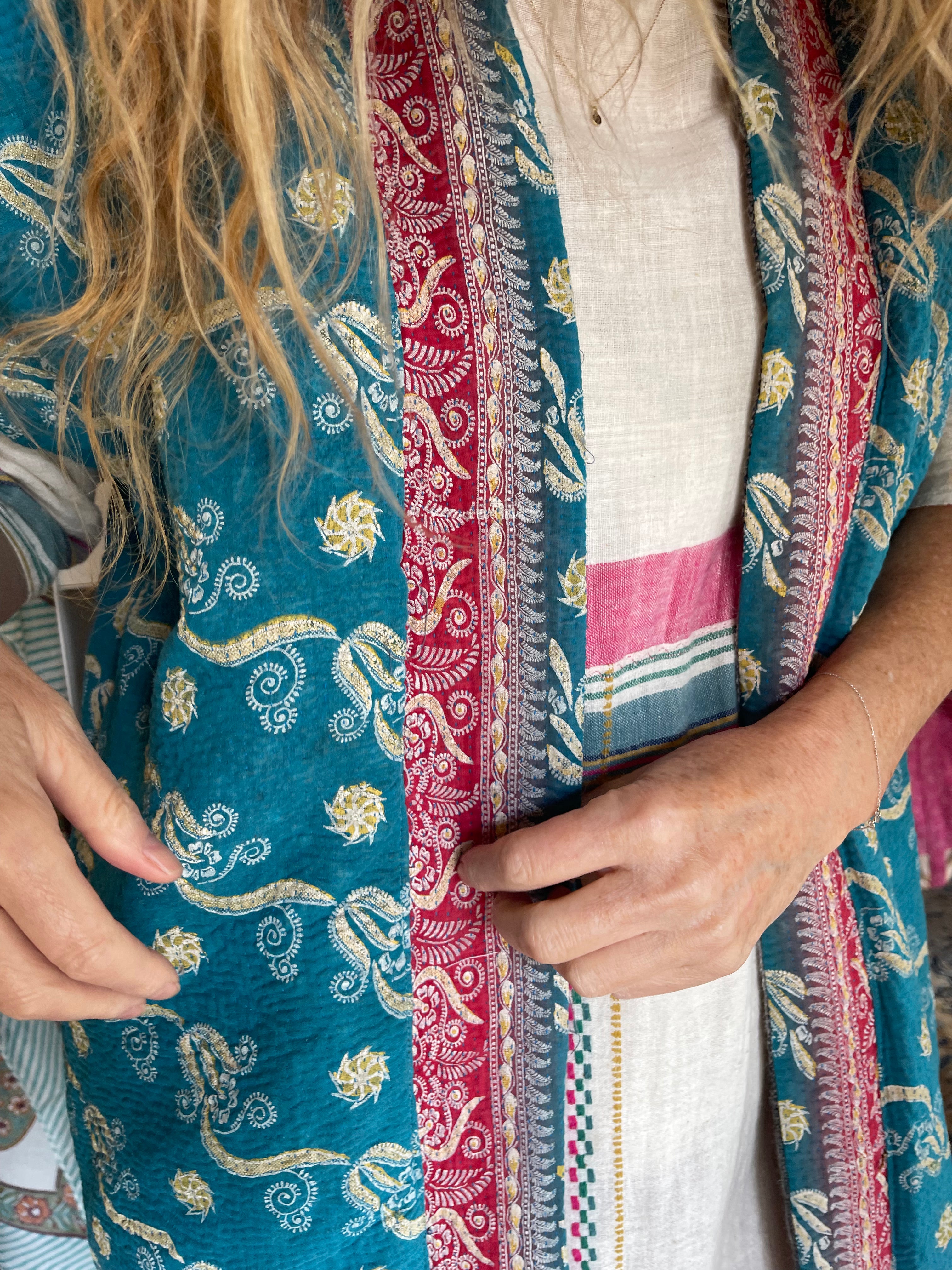 Handwoven Desi Wool Jacket - Cool Blue Kutch Embroidered
