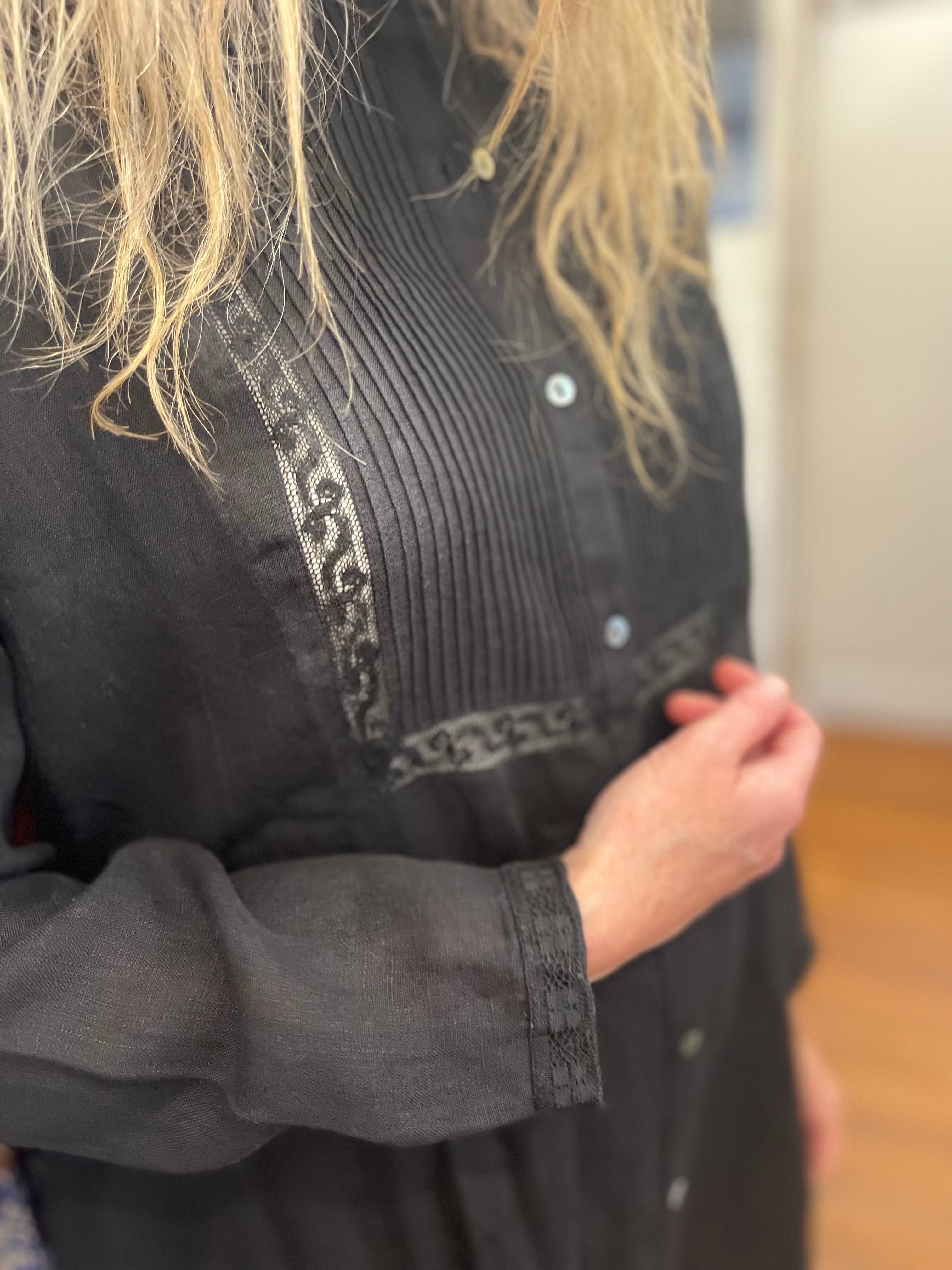 HEERA LINEN  SHIRT DRESS with LACE - BLACK