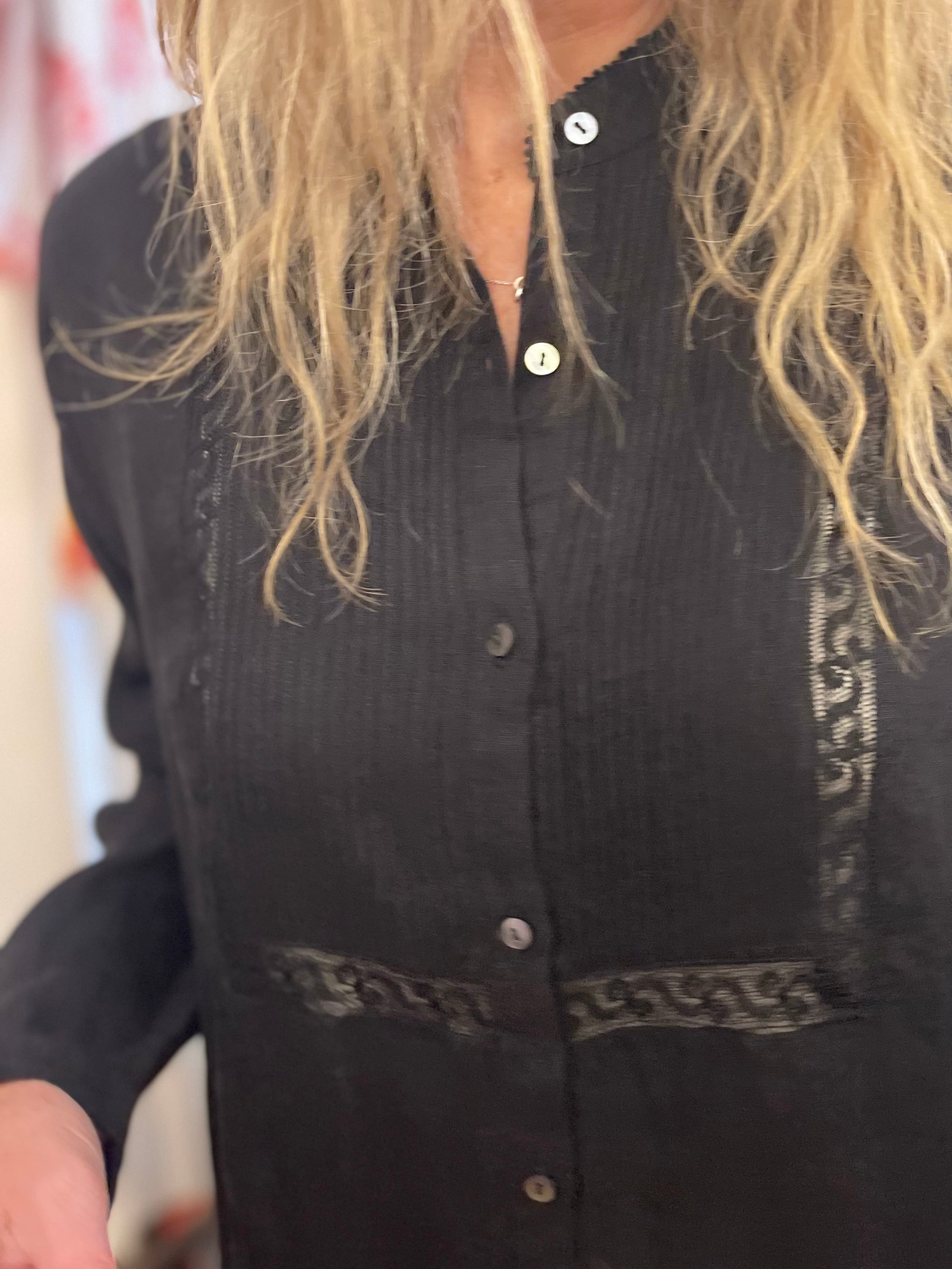 HEERA LINEN SHIRT DRESS with LACE - BLACK