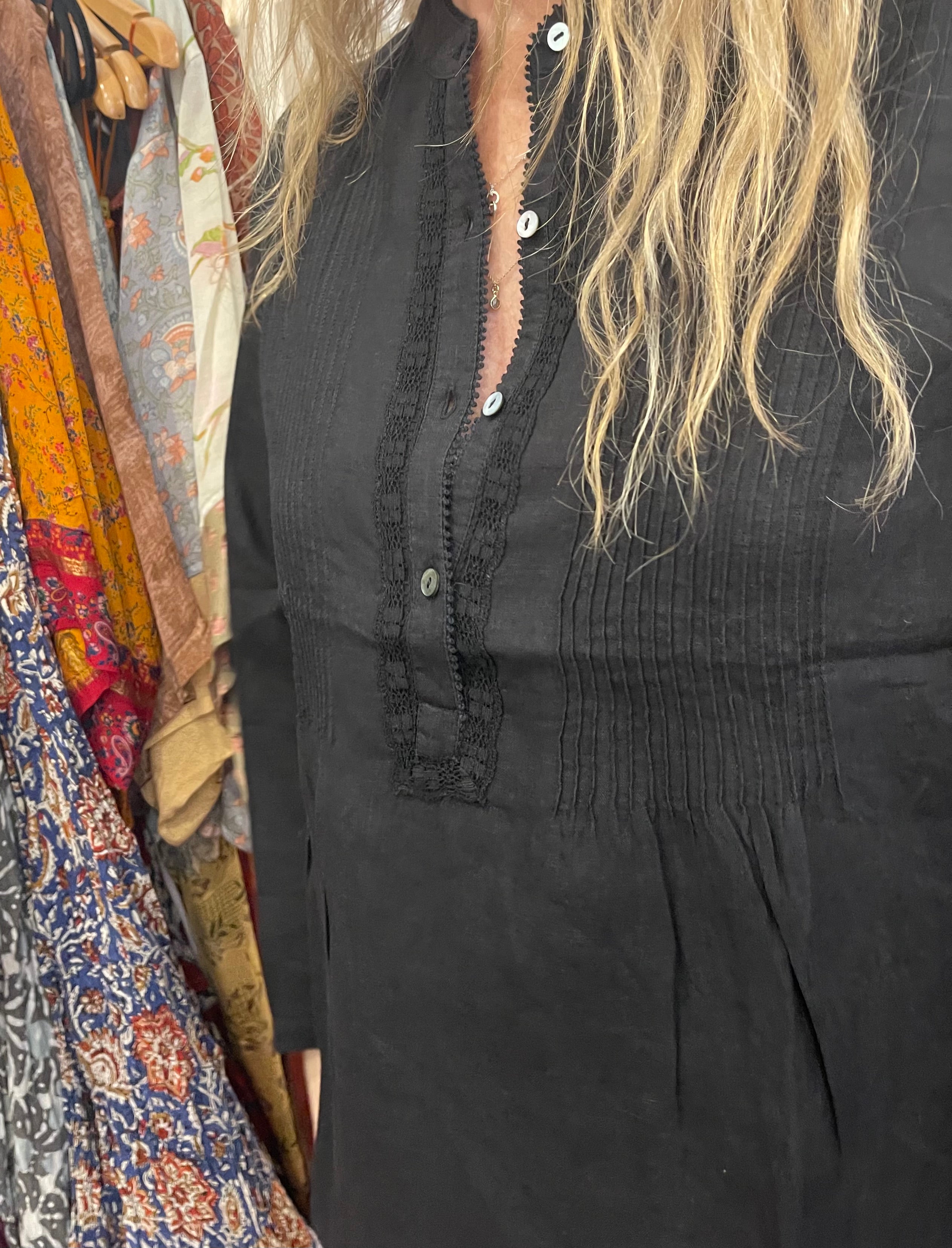 NIVA PINTUCK LINEN SHIRT with LACE- BLACK