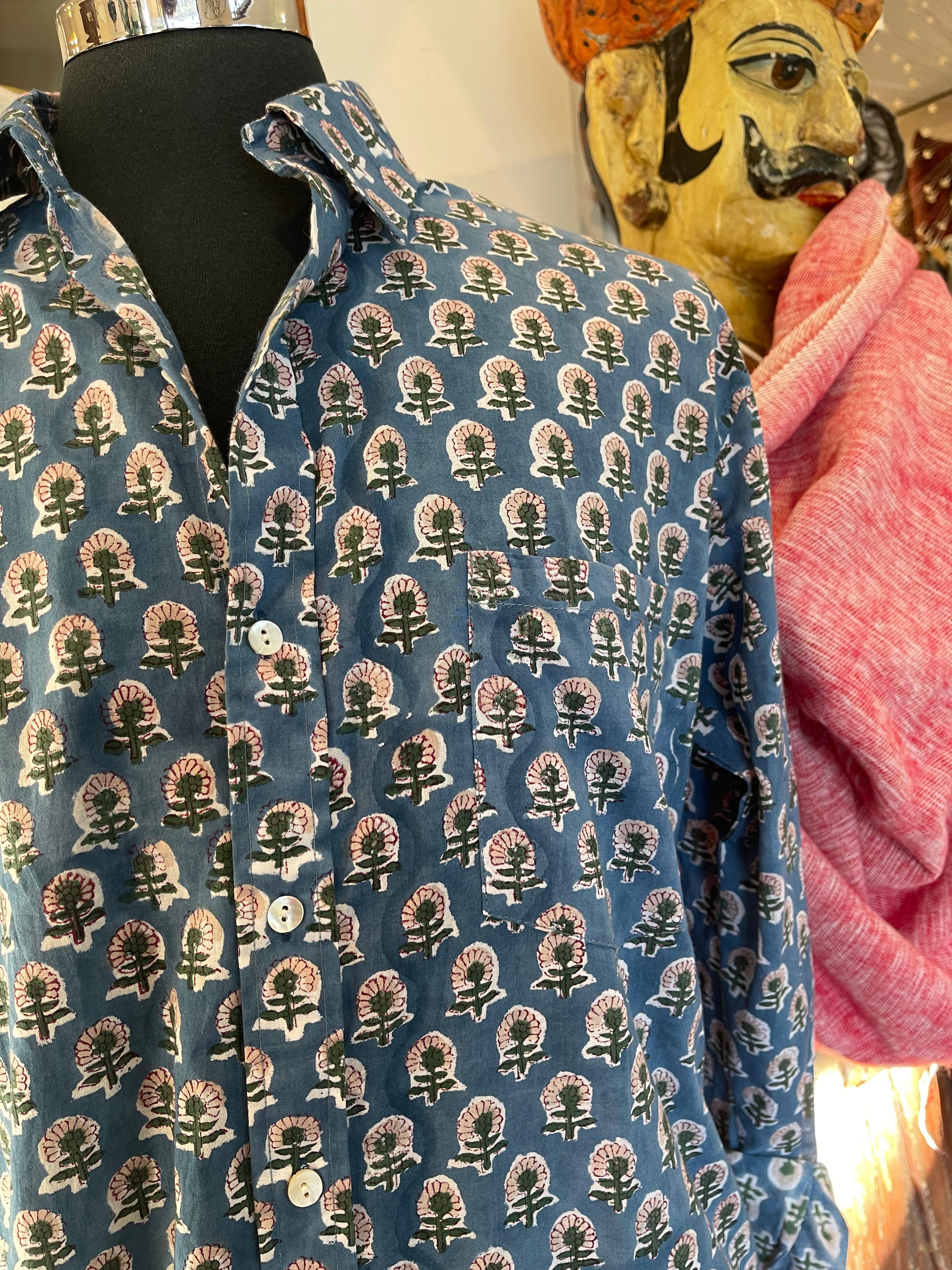 Handblock Printed Mens Shirt - Teal