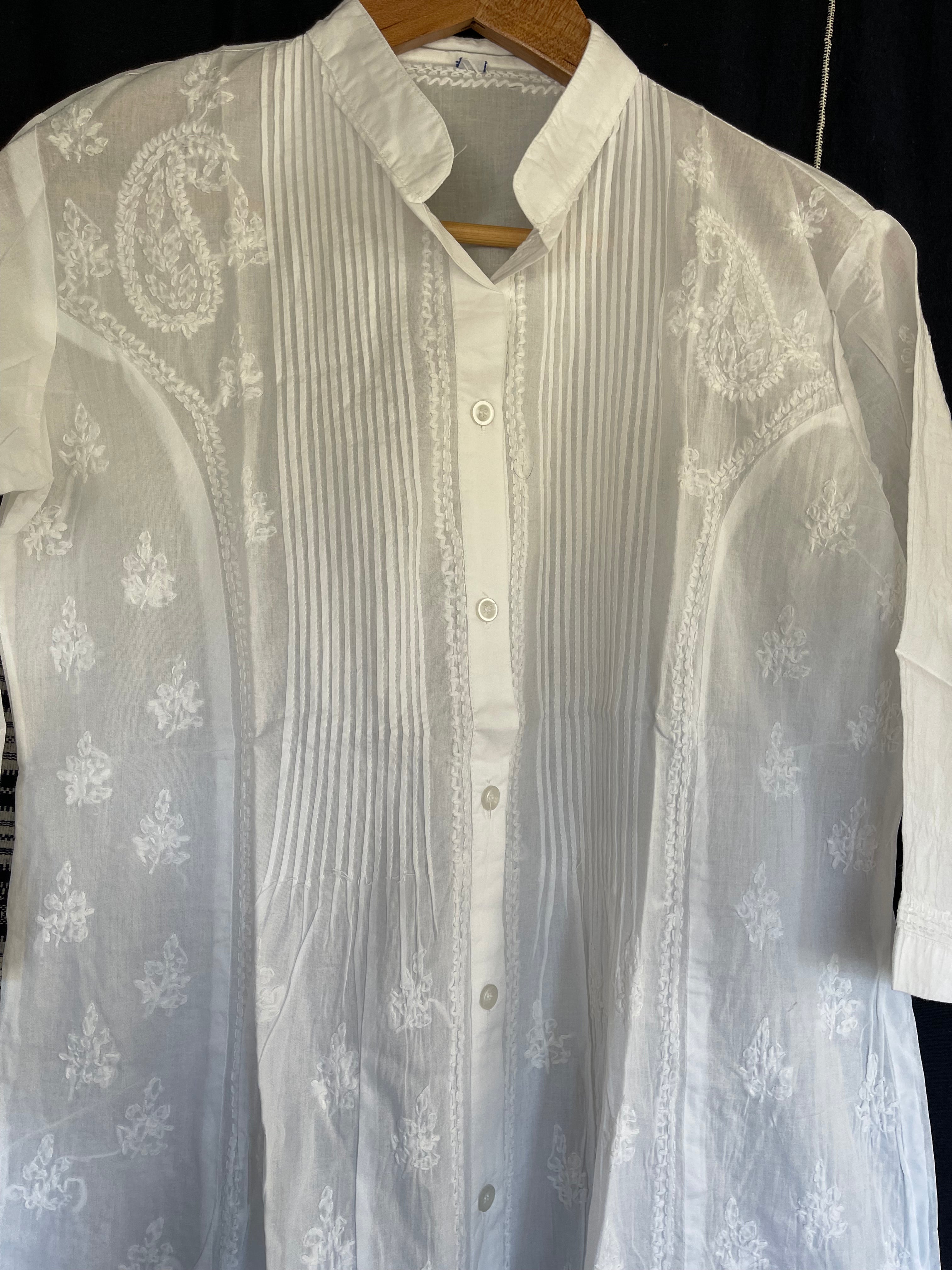 White on White Embroidered - Button through Top - Long