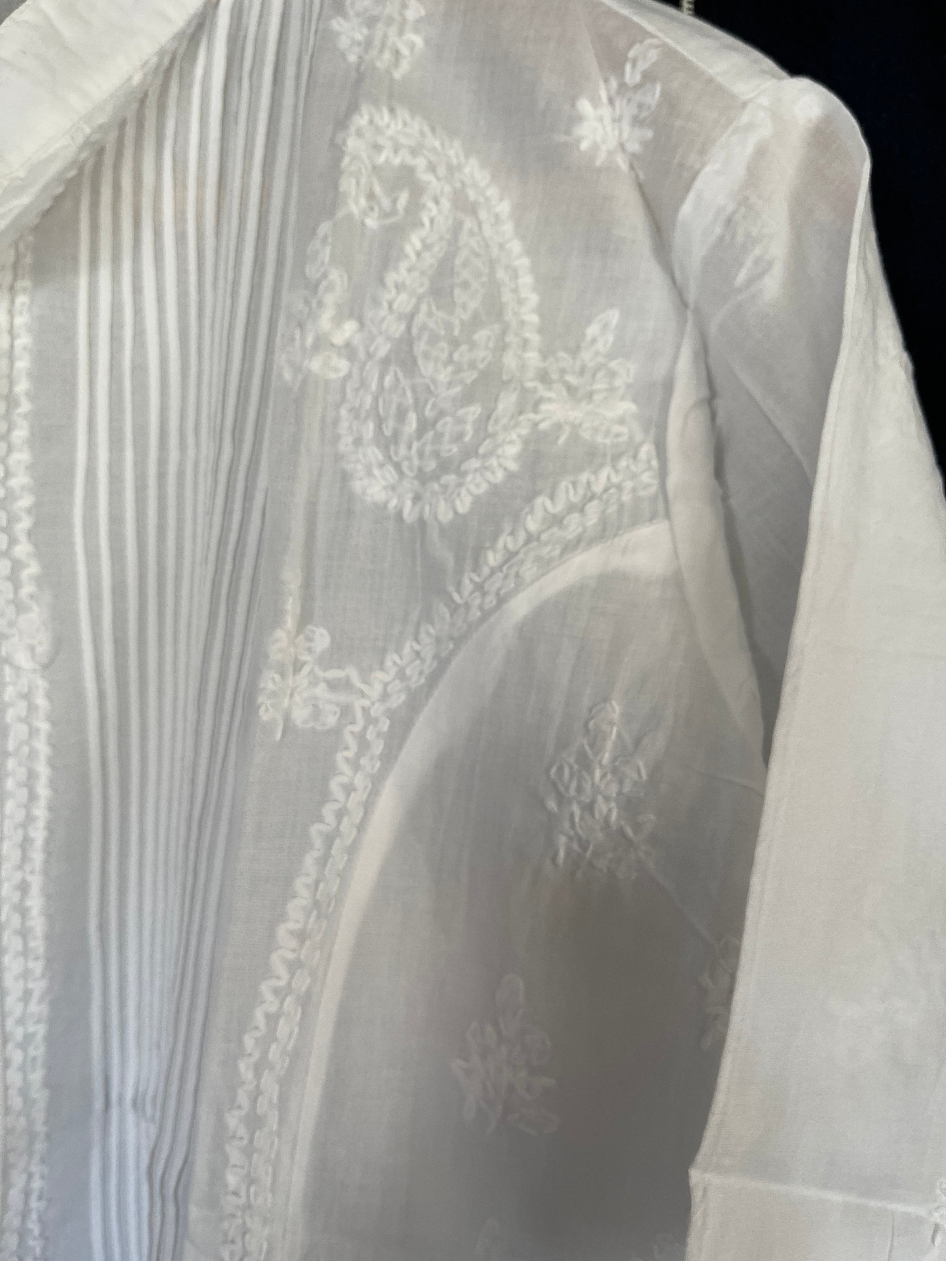 White on White Embroidered - Button through Top - Long