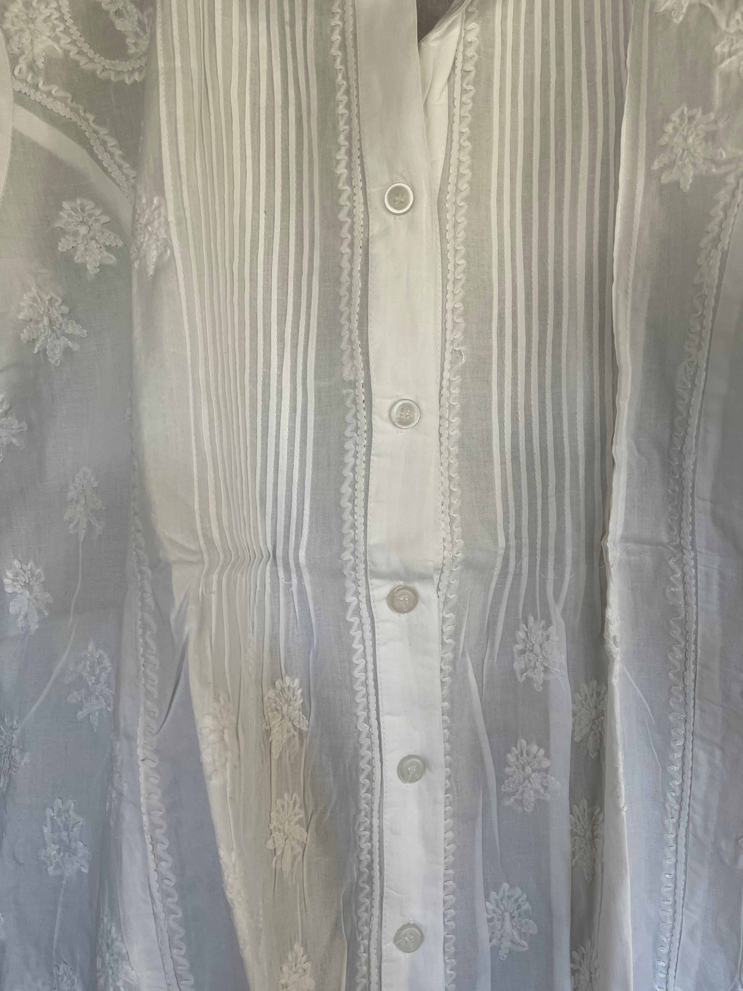 White on White Embroidered - Button through Top Short