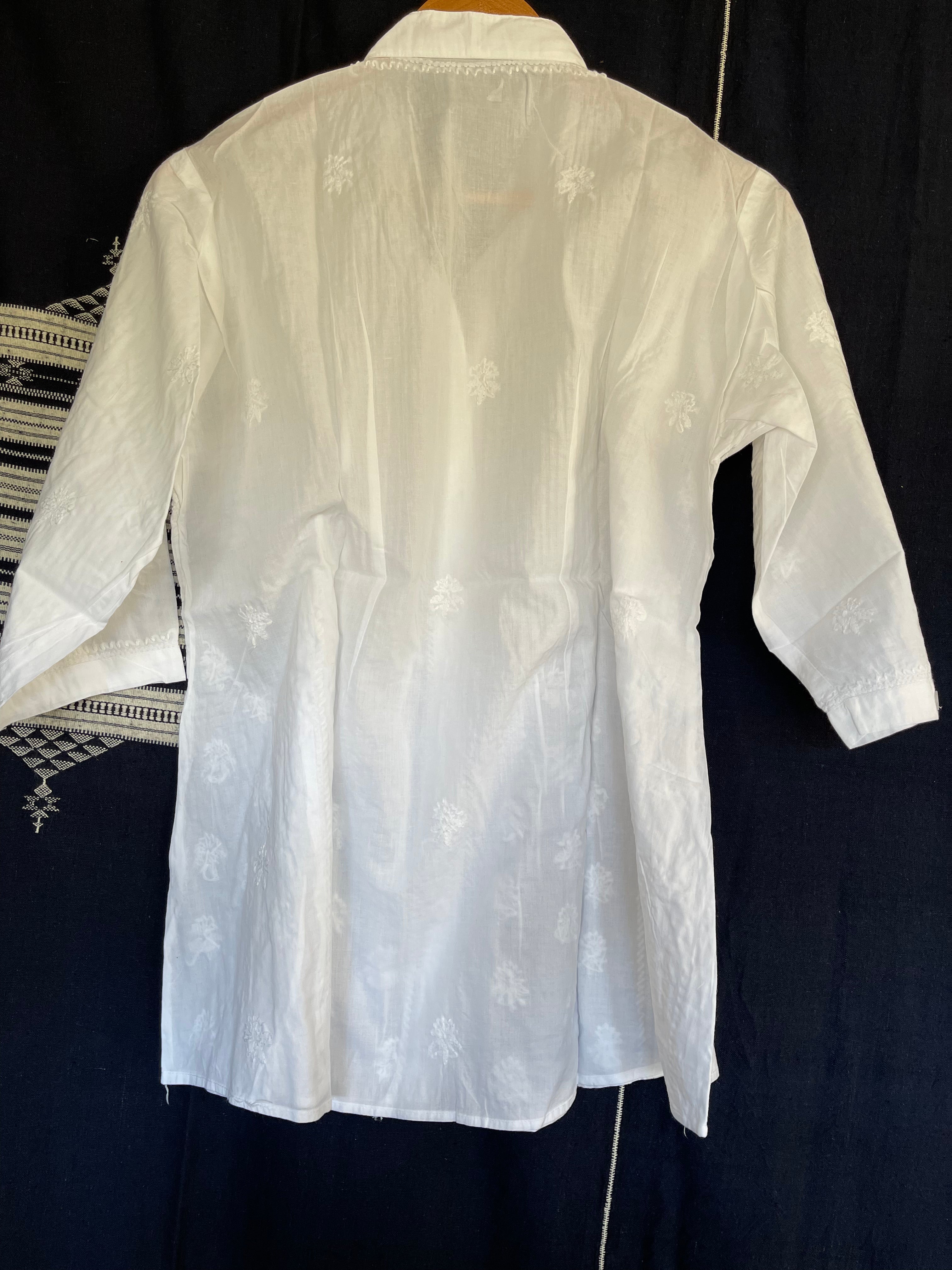 White on White Embroidered - Button through Top Short